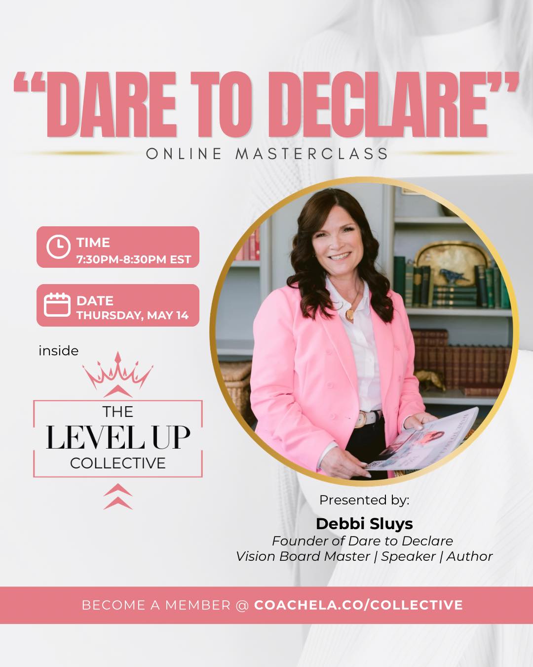 We’re bringing something powerful into The Level Up Collective this month… 👑
Our May Masterclass is being led by the incredible Debbie Sluys, speaker, author, and founder of Dare to Declare™.
For over 30 years, Debbie has been helping women expand what’s possible in their lives and actually take action on the vision they keep putting off.
This is not just a “vision board night.”
This is about getting clear on what you truly want… and having the courage to declare it.
✨ Dare to Declare — Power Word Experience
🗓 Thursday, May 14
⏰ 7:30–8:30 PM EST
📍 Live inside The Level Up Collective
If something in you is saying “I need this”…
Don’t ignore it.
We’re opening this masterclass to guests.
Comment “LEVEL UP” below and I’ll send you everything you need to join us