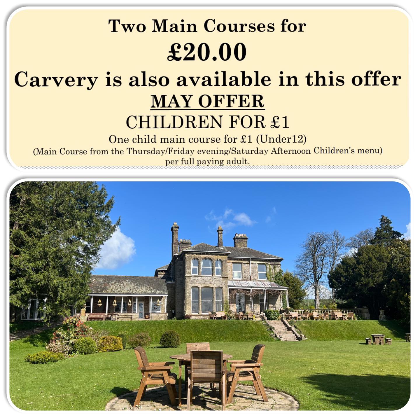 Thursday and Friday Evenings
2 Main courses including carvery for £20
Kids special in May - Main course for £1 (see terms)
01900 824400
#carvery #thursday #£1
01900 824400