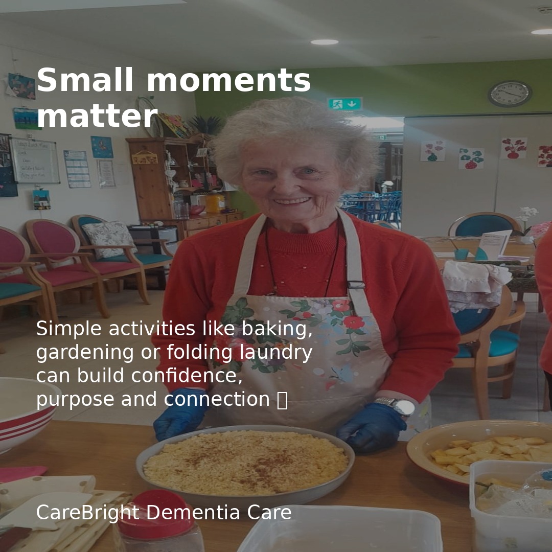Meaningful activities don’t have to be complicated.
Simple everyday moments like baking, gardening, folding laundry, listening to music, or looking through old photos can help people living with dementia feel connected, confident, and purposeful 💙
At CareBright, we focus on the small activities that bring comfort, familiarity, joy, and a sense of achievement every day.
Because small moments truly matter ❤️
#CareBright #DementiaAwareness #MeaningfulActivities #PersonCentredCare #DementiaSupport #CareWithCompassion #IrishHealthcare #DementiaCare #LivingWellWithDementia #HealthcareIreland #QualityOfLife #CompassionateCare #CommunityCare #CareExcellence #SocialCare
