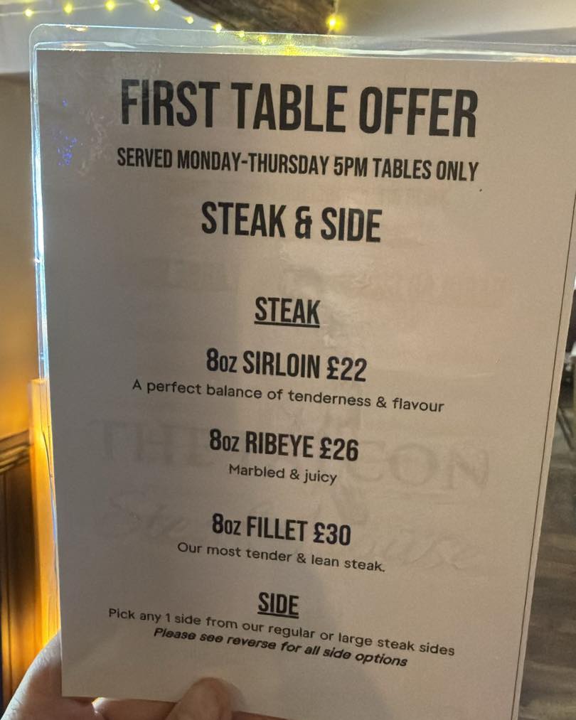 🥩 FIRST TABLE OFFER 🥩
Did you know Monday–Thursday we offer a special deal for guests booking our very first tables of the evening at 5pm? 👀
Perfect if you’re heading to the cinema, fancy an early dinner, or just want to enjoy award-winning steak at a seriously good price.
Choose from:
🥩 8oz Sirloin & side – £22
🥩 8oz Ribeye & side – £26
🥩 8oz Fillet & side – £30
Same locally reared Falcon steak.
Same quality.
Same care and attention.
Just a brilliant early evening deal ❤️
Available on selected 5pm tables only, Monday to Thursday.
Book now 👉 https://www.falconsteakhouse.com/book-now/