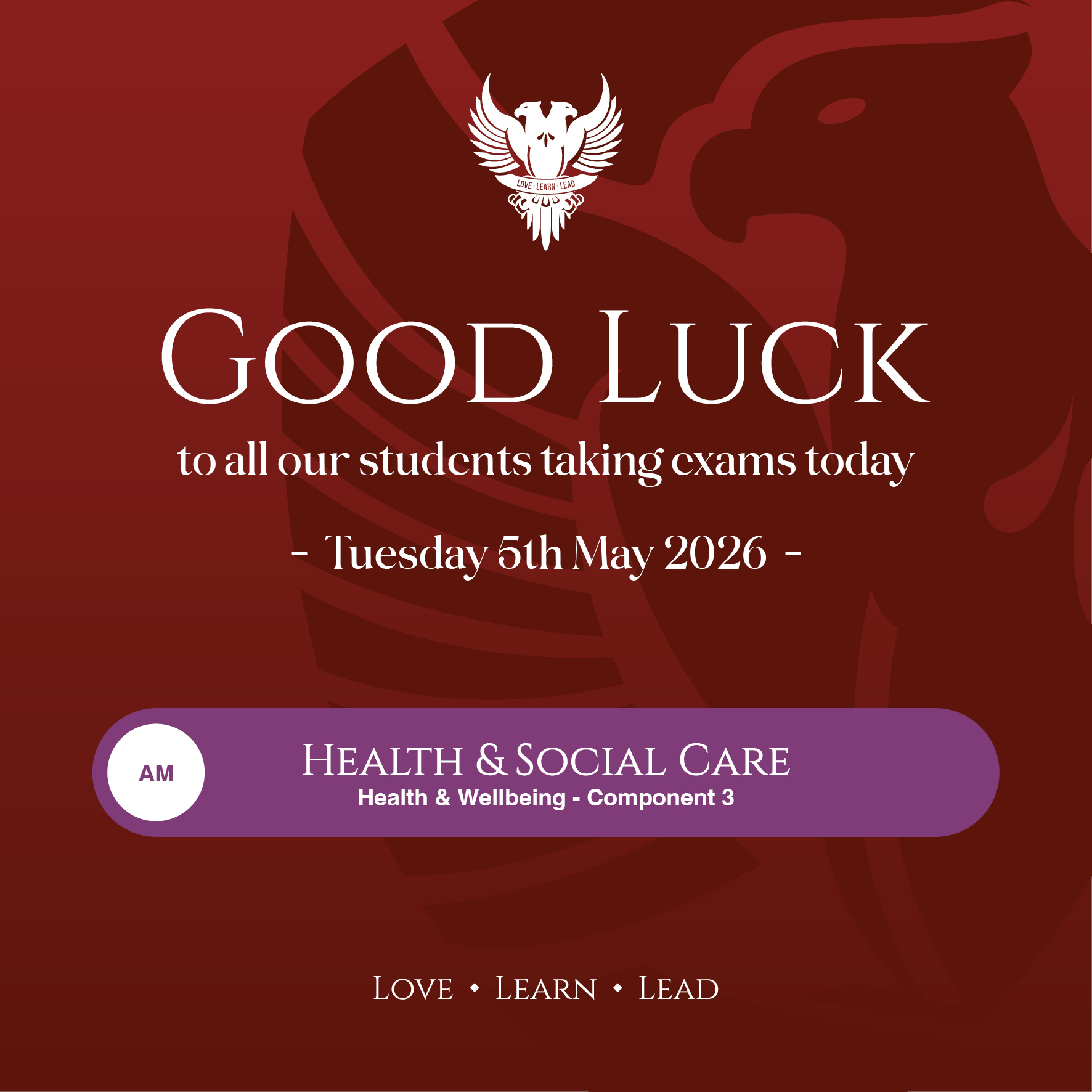 Good luck to our students taking their Health and Social Care Health and Wellbeing - Component 3 GCSE Exam today!
#lovelearnlead #putstambrose1st #gcsehealthandsocialcare