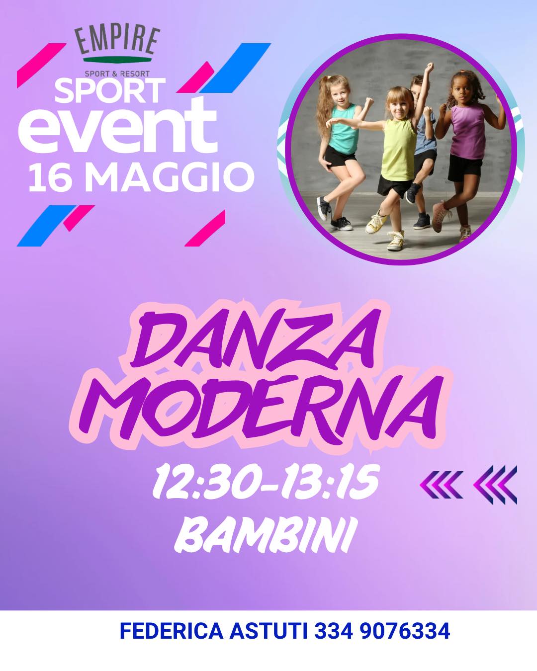 💜 EMPIRE SPORT EVENT 💜
Musica, energia e tanto divertimento! 🎶✨
Il 16 Maggio porta i tuoi bambini a scoprire il mondo della Danza Moderna da Empire Sport & Resort 💃🕺
⏰ 12:30 – 13:15
👧 Lezione dedicata ai bambini
Un’attività coinvolgente per esprimersi attraverso il movimento, migliorare coordinazione e ritmo… divertendosi insieme! 🌟
📲 Info e prenotazioni
Federica Astuti – 334 9076334
#EmpireSportResort #SportEvent #DanzaModerna #DanzaBambini #KidsDance #DanceClass #Movimento #Bambini #Roma #Divertimento