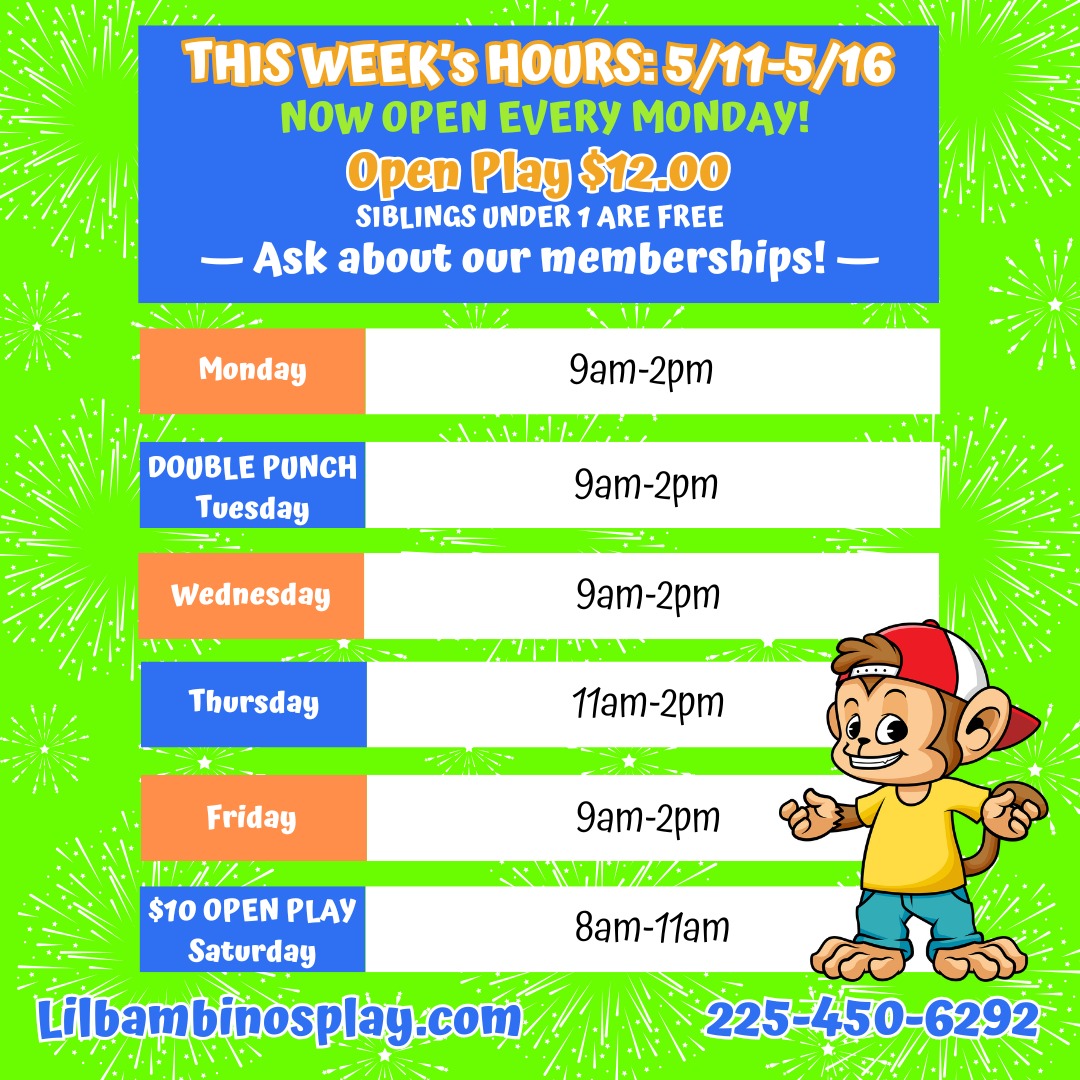 Open play hours for next week 5/11-5/16
*On Thursday 5/14 open play will be 11am-2pm*