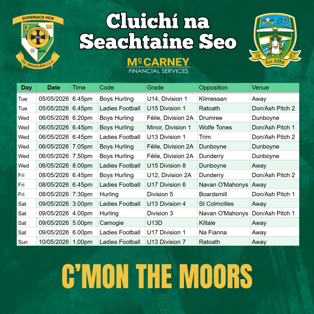 Cluichí na Seachtaine seo 🏐
Make sure you get out in your club colours to support our teams!
Domhnach Mór Abú 🟢⚪️