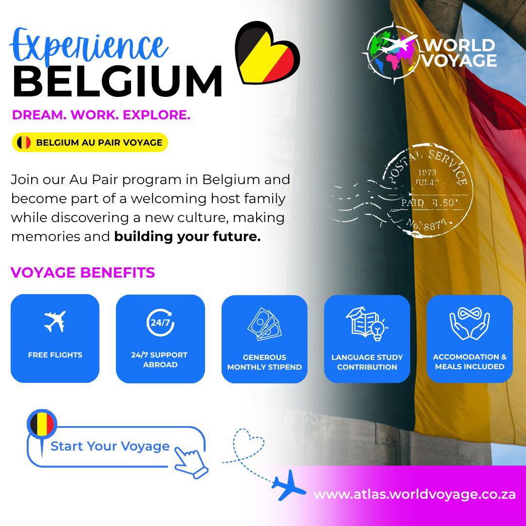 🇧🇪 Belgium is calling! ✈️
Looking for a cultural exchange experience that gives you more than just travel?
Our Belgium Au Pair program is packed with benefits designed to help you grow, explore, and build unforgettable memories.
What you can look forward to:
✅ FREE flights!
✅ Contribution towards a Dutch or French language course
✅ Au pair events hosted by the Belgian agency
✅ 25% discount for returning clients
Monthly stipend from your host family
✅ Accommodation and meals included
✅ Full support from the World Voyage team throughout your journey
Spend your year exploring beautiful cities like Brussels, Antwerp, and Bruges while becoming part of a welcoming host family and experiencing life in Europe firsthand. 🇧🇪
Ready to start your Belgium Au Pair Voyage?
Apply here:
www.atlas.worldvoyage.co.za
#WorldVoyage #AuPairBelgium #WorkAndTravel #CulturalExchange #TravelAbroa