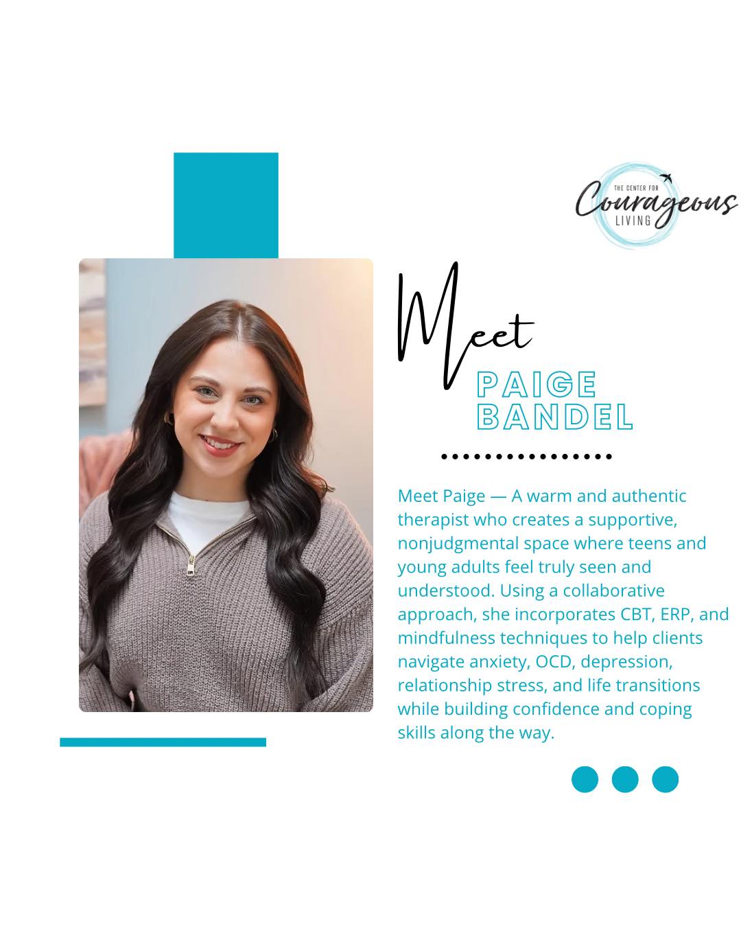 Meet Paige Bandel, MSW 🤍
Paige creates a supportive and nonjudgmental space where teens and young adults can feel truly seen, understood, and comfortable showing up as themselves. Using a collaborative and down-to-earth approach, she incorporates Cognitive Behavioral Therapy (CBT), Exposure and Response Prevention (ERP), and mindfulness techniques to help clients navigate anxiety, OCD, depression, relationship stress, disordered eating, life transitions, and more.
Paige is passionate about helping clients build confidence, strengthen coping skills, and feel more grounded and connected as they move toward meaningful healing and growth. 🌿✨
Learn more about Paige here:
https://www.centerforcourage.com/team-1/paige-bandel%2C-msw
🌐 www.centerforcourage.com
📞 815-707-4806
📧 gia@centerforcourage.com
#TheCenterForCourageousLiving #McHenryCounty #MentalHealthMatters #TherapySupport #AnxietySupport #OCDSupport #TeenTherapy #YoungAdultTherapy #CrystalLakeTherapy