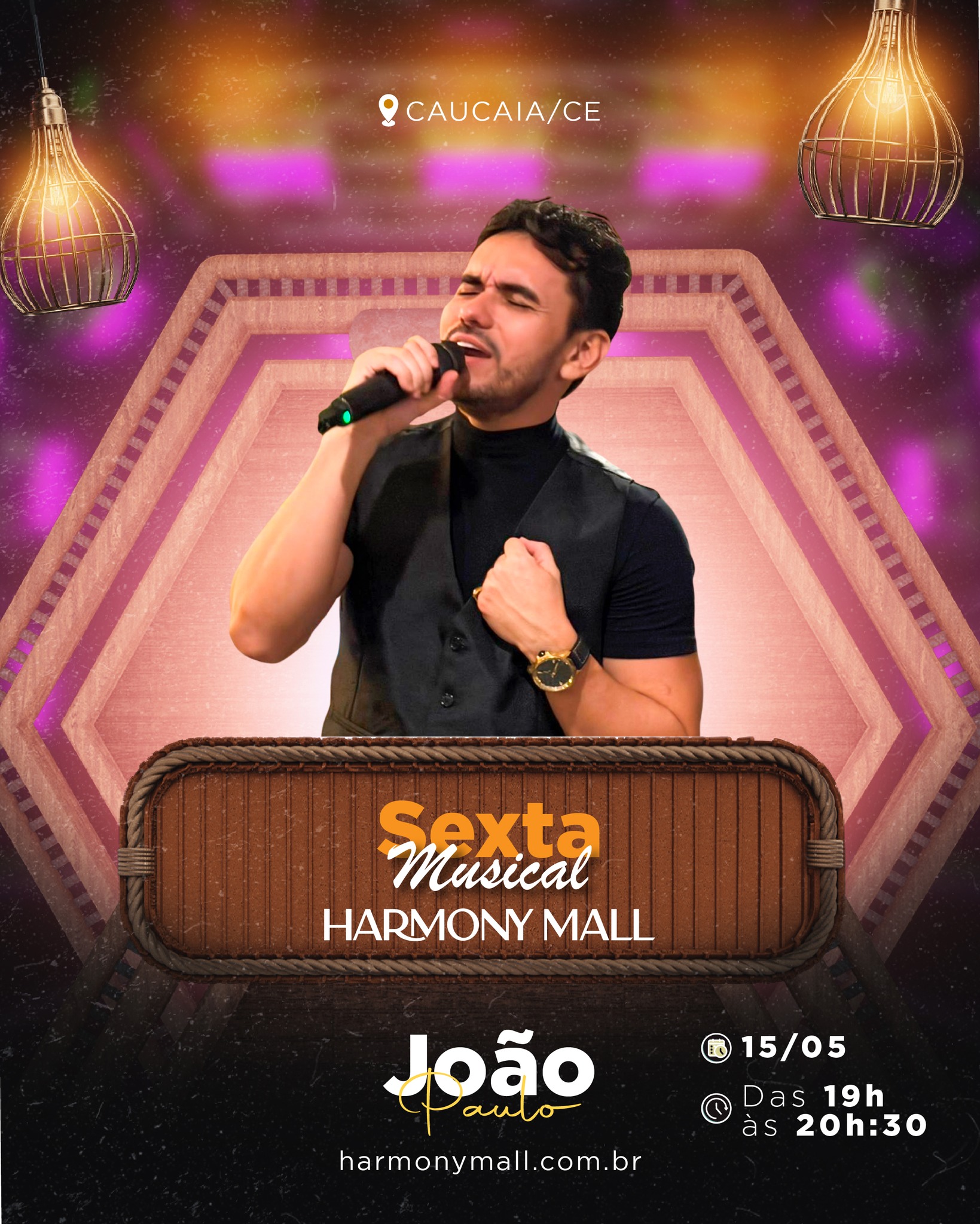 Sexta é dia de relaxar com música boa no Harmony Mall!
No dia 15 de maio, das 19h às 20h30, quem comanda o som é o cantor João Paulo, trazendo um show especial para deixar sua noite ainda mais leve e agradável.
Perfeito para aquele encontro com amigos, um momento em família ou simplesmente para curtir o início do fim de semana com a trilha sonora certa. 😉
Vem viver sua sexta com a gente! 💛
