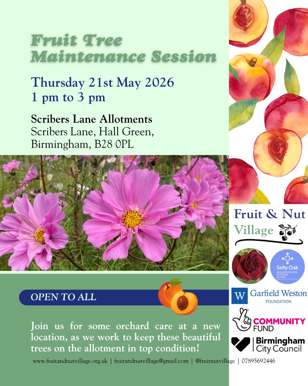 Fruit Tree Maintenance Session
Thursday 21st May 2026 | 1 pm to 3 pm
Join us for some orchard care at a new location, as we work to keep these beautiful trees on the allotment in top condition!
Scribers Lane Allotments - Scribers Lane, Hall Green, Birmingham, B28 0PL