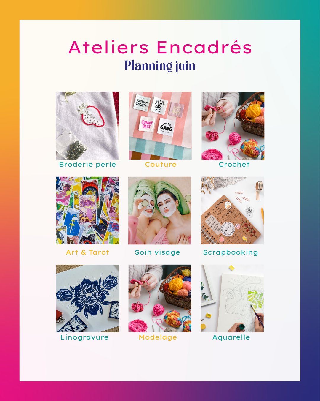 Un mois qui vous promet de belles créations ! Vous n'avez plus qu'à choisir l'activité qui vous plaît !
#ateliercreatif #cours #tours #tempspoursoi🙏❤️