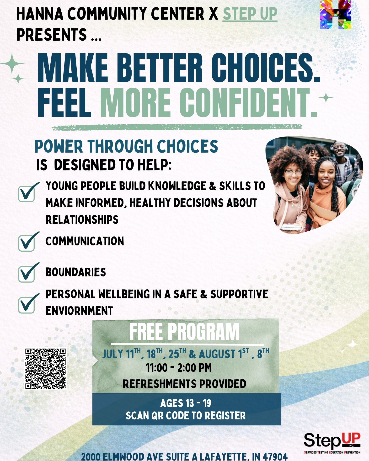 Hanna x STEP UP Presents Power Through Choices! Join us in a safe environment to discuss boundaries, communication, and learn about making healthy decisions in relationships! 💙💚 #hannacommunity #healthyrelationships #betterchoices