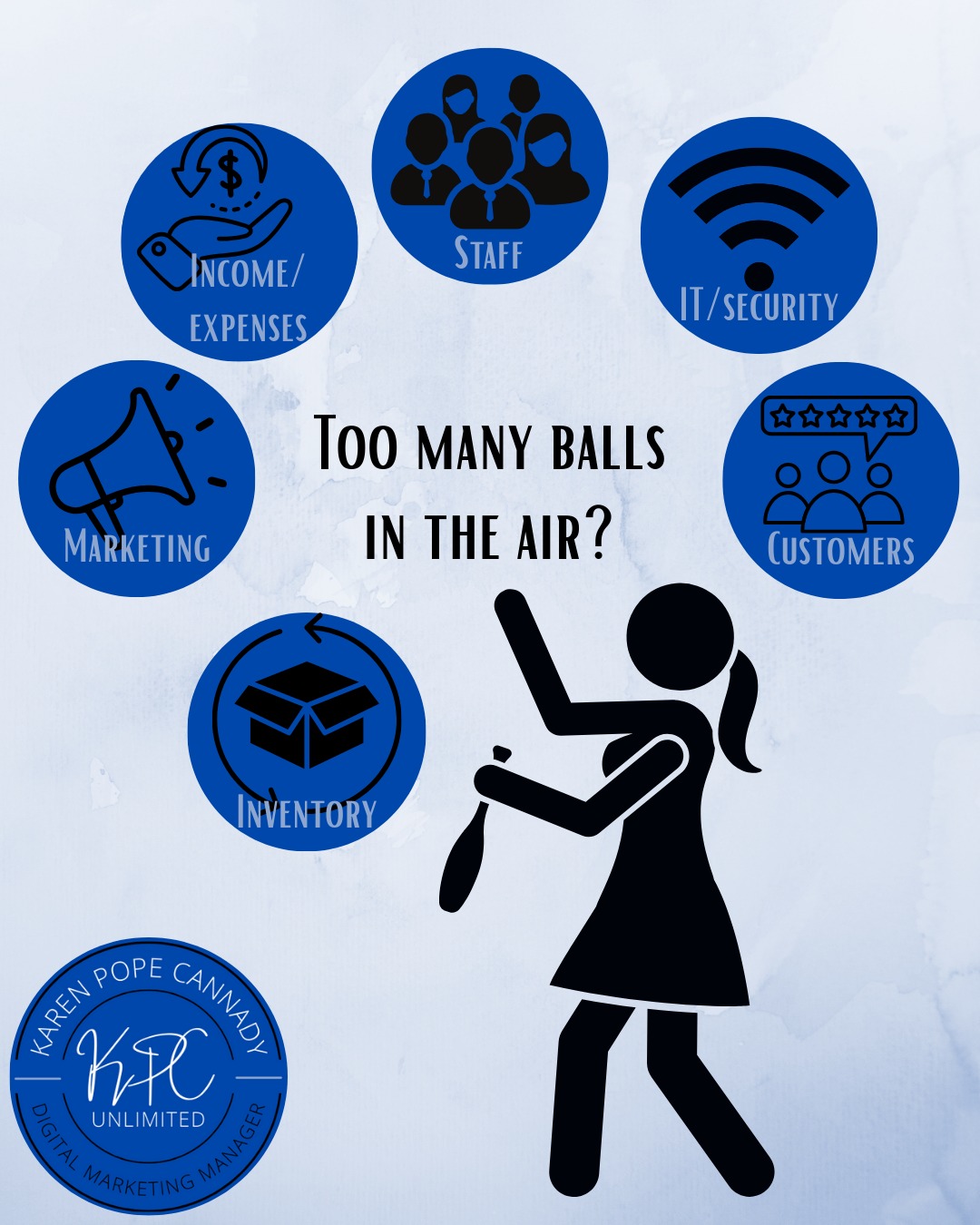 As a small business owner, you likely have too many balls in the air. Let KPC Unlimited catch one for you!
We cover the marketing, everything from creating a website and SEO to social media management and engagement.
Take back your time, contact KPC Unlimited today.
karen@kpc-unlimited.com
#kpcsupportssmallbusiness #smallbusinessmarketing
