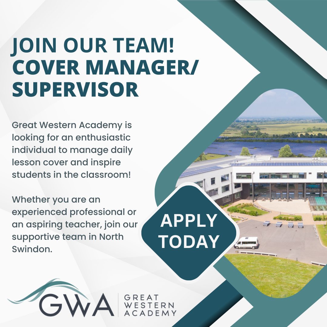 📣 We’re Hiring – Cover Manager & Supervisor (Full Time)
GWA is looking to appoint a motivated and enthusiastic Cover Manager and Supervisor to join our vibrant academy starting 1st September 2026.
This is an exciting opportunity to join a heavily oversubscribed Academy with state-of-the-art facilities in North Swindon. Since opening in 2018, GWA has achieved excellent results at both GCSE and A-Level. We are seeking a dedicated individual to manage daily lesson cover and inspire students in the classroom. Whether you are an experienced professional or looking for a stepping stone toward a teaching career, you will join a supportive team committed to radical improvement in student life chances.
The successful candidate will:
- Manage daily operations: Oversee the allocation of cover staff and manage lesson cover processes between 7.30am and 8.30am.
- Inspire in the classroom: Lead lessons across various subjects, ensuring students remain engaged and motivated during staff absences.
- Champion student progress: Support students of all abilities, fostering a passion for learning.
- Collaborate with leadership: Work with the Senior Leadership Team to ensure the school day runs efficiently.
We offer:
- Competitive Salary: Paid on the Unqualified Teachers Scale, starting from £25,991 per annum.
- Professional Growth: Excellent CPD programmes and a laptop provided for all staff.
- Modern Facilities: Work in a state-of-the-art building with on-site EV charging and high-spec ICT.
- Wellbeing & Benefits: Medical and Wellbeing Support, Cycle to Work scheme, and an EV Salary Sacrifice Scheme.
- Convenience: Easy access to the A419 with free on-site parking and flexible working options.
Applications due: 9.00am on Monday 18th May 2026. We may close the vacancy early for the right candidate, so please don't delay!
For more info, visit www.gwacademy.co.uk.
Apply here: https://bit.ly/42iGSD5