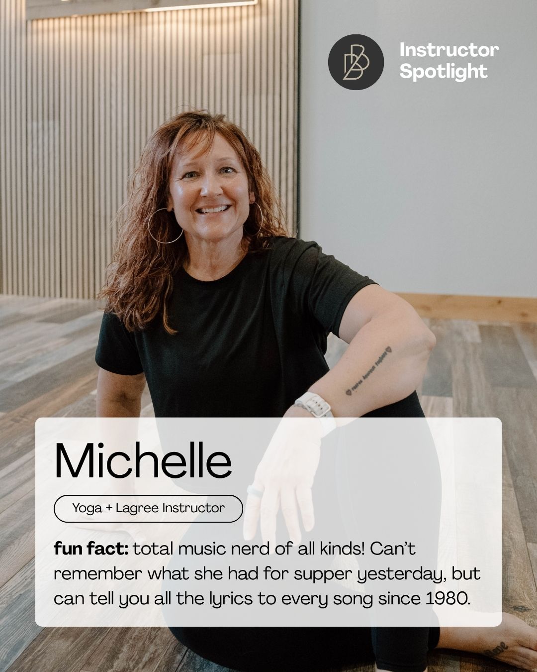 Meet @foster264michelle ! She's been teaching for 5 years!
Fav yoga pose: Pigeon; Least fav: side plank
Fav Lagree move: Floor lunge; least fav: any plank!
#weloveourinstructors #bbfamily #breatheandbend