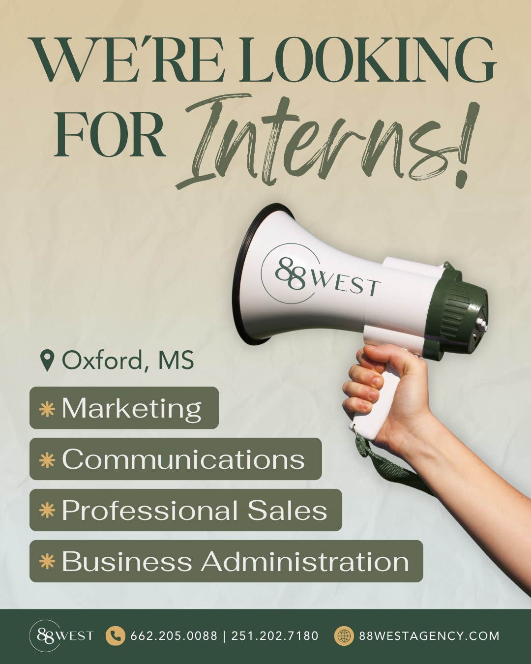 Your first step into the marketing world starts here.
We’re looking for motivated students in Oxford, MS to join our Summer Internship program and gain real experience working alongside our team. If you’re pursuing a degree in Marketing, Business Administration, Professional Sales, or Communication and graduating soon, we want to hear from you.
This is your chance to build skills, grow your portfolio, and see what agency life is really like.
-
📞 662.205.0088 | 251.202.7180
💻 88westagency.com
-
#88West #88WestAgency #OleMissInterns #OleMissGrads #MarketingAgency #DigitalMarketing #OxfordMS #OleMissStudents #MarketingInternship #SummerInternship #CollegeToCareer #InternshipOpportunity #BusinessStudents #FutureMarketers #NowHiringInterns #CareerStart