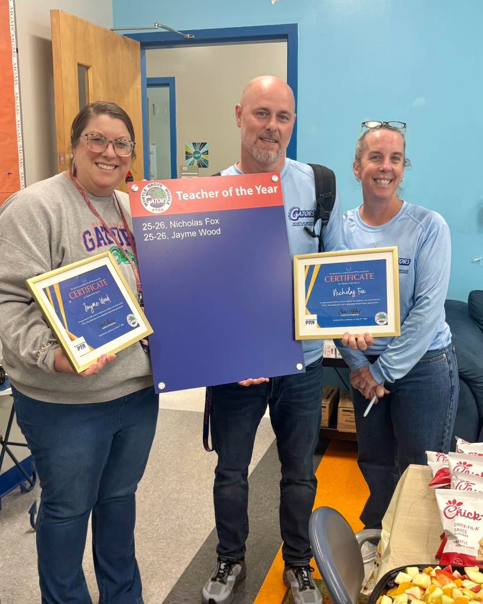 The MGMS PTSA has decided to start a new tradition this school year by awarding a PTSA Teacher of the Year!
This teacher is someone who:
-Is a full time teacher at MGMS
-Has assisted the PTSA with at least one event throughout the school year or more
-Communicates with the PTSA throughout the school year on an on-going basis
-Is a good role model for students & staff alike
-Demonstrates exceptional commitment to our Gators students, and provides innovative teaching methods to our students.
We just could not narrow it down to only one teacher this year! Therefore, we awarded two outstanding teachers for the 1st Annual PTSA Teacher of the Year Awardβ¦
Mrs. Wood @ Mr. Fox
Congrats to these two amazing and wonderful teachers! Our school is a better place because of the two of you! Thank you for all you do for our students and for your assistance with the PTSA. Your help this school year has been vital for the PTSA, and for this we are so grateful!