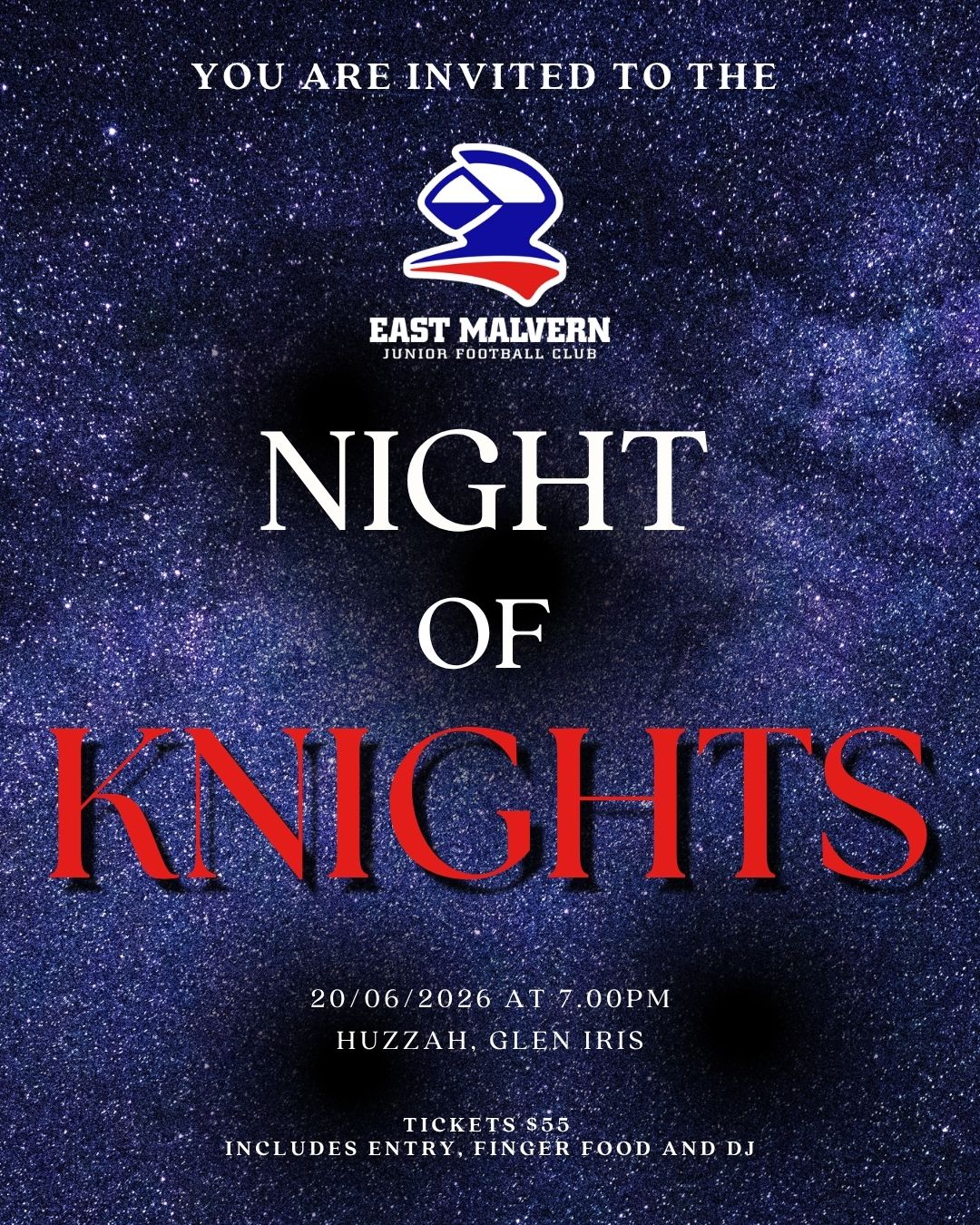 Get set for another unforgettable evening at the 2026 Night of Knights! Our club's premier event of the season is back, and it promises to be legendary.
Mark your calendar for Saturday, June 20th, and join us at Huzzah in Glen Iris from 7 p.m. to midnight. The night will be filled with excitement, laughter, dancing, and the chance to win exclusive raffle prizes.
This is your chance to socialize with parents in other teams or age groups and enjoy a great night out in our wonderful neighborhood. Secure your tickets today at https://www.trybooking.com/DKSKV or by visiting the link in our bio. And don’t forget to arrange a babysitter early so you can enjoy every moment of the night without a hitch.
#goknights #eastmalvernknights #onceaknightalwaysaknight #linkinbio