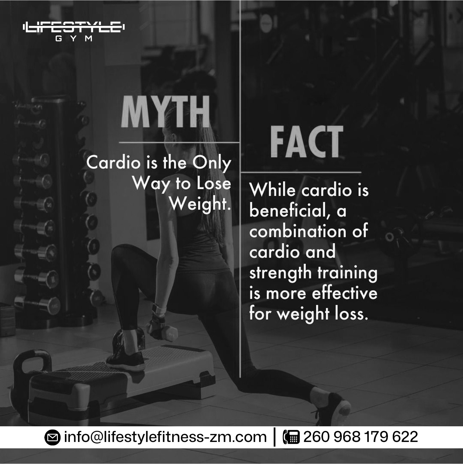 MYTH vs FACT 💡
Cardio plays an important role in weight loss, but it’s not the only answer. Combining cardio with strength training helps build lean muscle, boost metabolism, and achieve better long-term results. 💪🔥
Train smarter, not harder, with a balanced fitness routine at Lifestyle Gym.
#LifestyleGym #FitnessFacts #MythVsFact #WeightLossJourney #StrengthTraining #CardioWorkout #HealthyLifestyle #FitnessMotivation #GymLife #WorkoutTips #FitnessGoals #LifestyleFitness #TrainSmart #ZambiaFitness #StayActive