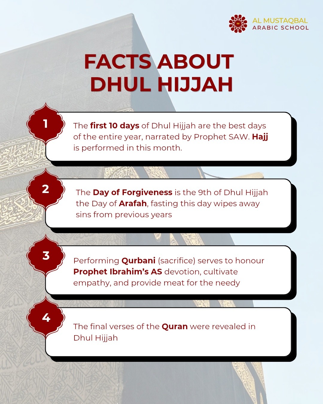 Preparing for the Best 10 Days 🗓️
The countdown to Dhul Hijjah has begun! These are the days described by the Prophet (SAW) as the most beloved to Allah. It is our opportunity to reset our intentions and fulfill our sacred duties before we enter the month.
#DhulHijjah #Sunnah #IslamicReminders #MuslimEducation #Arafah #Qurbani #AlMustaqbalSchool