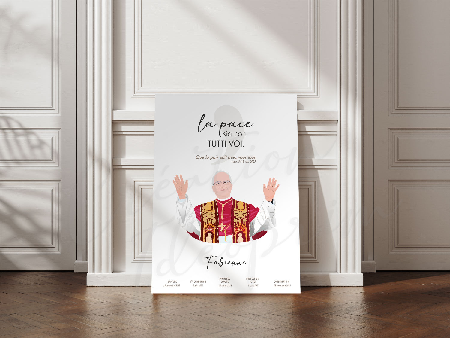 🇻🇦 𝙅𝙤𝙮𝙚𝙪𝙭 𝙖𝙣𝙣𝙞𝙫𝙚𝙧𝙨𝙖𝙞𝙧𝙚 𝙨𝙖𝙞𝙣𝙩 𝙋𝙚̀𝙧𝙚 🇻🇦
Vous vous souvenez ?
Il y a un an, la fumée blanche, tant attendue, s'échappait de la cheminée de la chapelle Sixtine. Robert Francis Prevost venait d'être élu. Quelques minutes après, nous le découvrions à la fenêtre et apprenions son nom : Léon XiV.
Sa phrase et son geste nous avaient beaucoup émus. "La pace sia con tutti voi".
🙏
J'en avais composé une affiche que vous avez beaucoup aimée.
Puis organisé un concours avec @aunomduperebijouxofficiel.
Voici ici quelques commandes réalisées, pour des Confirmations, chemin de Foi...
je vous partage uniquement des graphisme différents, pas besoin de voir les variantes (couleur, prénoms, dates).
Comme vous voyez, j'adapte selon votre format.
🌐 https://www.ideoprim.com/cadeaux-fetes-religieuses
📩 laure@ideoprim.com
#cadeaucathopersonnalisé
#cadeaufetedelafoi
#leonxiv
#cadeauconfirmationpersonnalisé
#cadeaureligieux