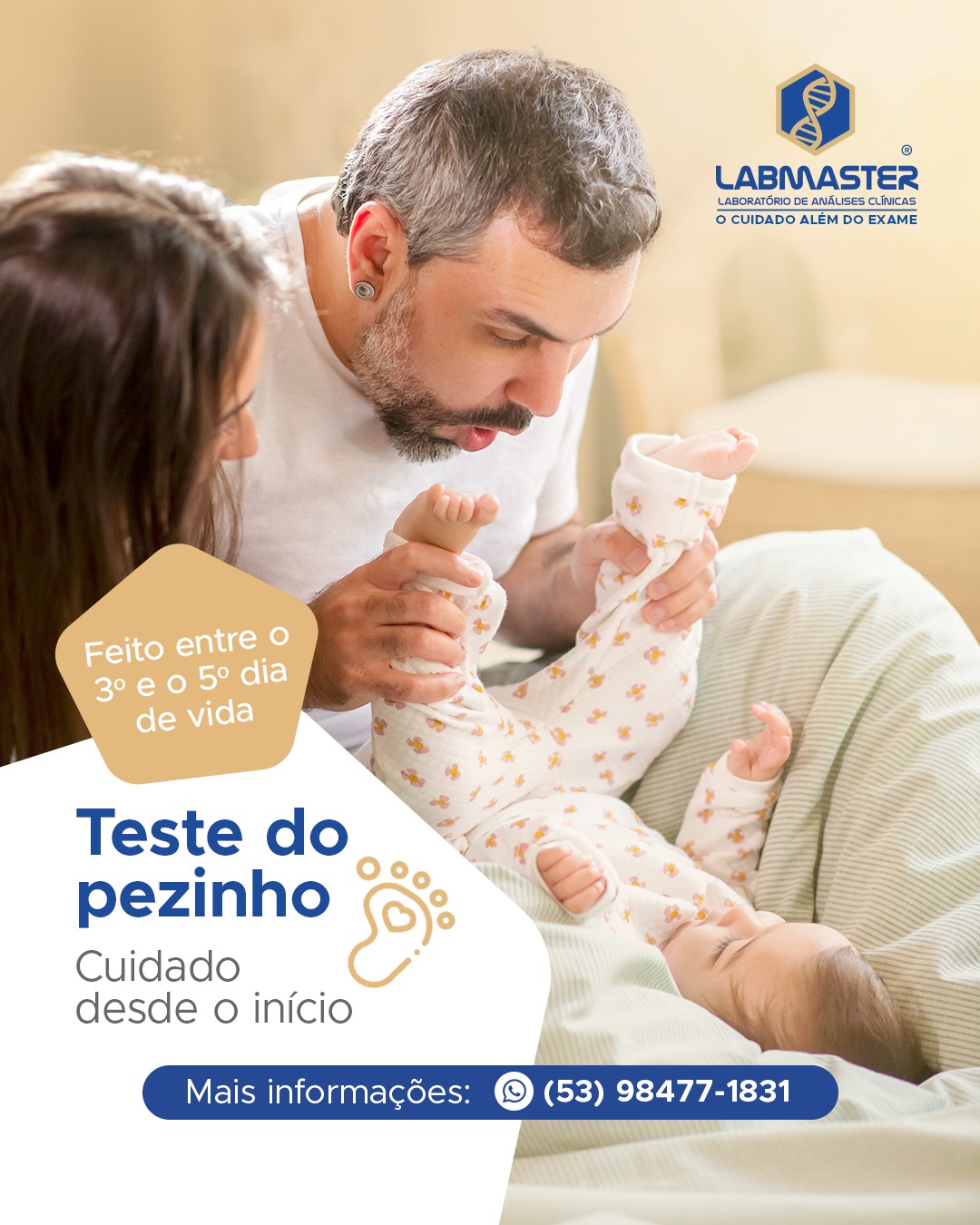 O teste do pezinho pode identificar precocemente até 60 doenças genéticas, metabólicas e hormonais, muitas delas antes mesmo dos sintomas aparecerem. Para isso, basta coletar uma amostra de sangue no calcanhar do bebê. 💡
Essa detecção precoce permite um tratamento mais eficaz e menos danos à saúde e à qualidade de vida do seu filho.
Fale conosco e esclareça suas dúvidas sobre o teste do pezinho. ❤️
Labmaster Laboratório de Análises Clínicas
O cuidado além do exame
📱WhatsApp: (53) 98477-1831
☎Telefone: (53) 3263-6435
💻Site: labmastersvp.com.br
📧E-mail: atendimento@labmastersvp.com.br
Encontre uma unidade mais próxima de você!
📍Santa Vitória do Palmar (Centro)
Rua Conde de Porto Alegre, nº 547
☎Telefone: (53) 3263-6435
📍Chuí (Centro)
Rua Venezuela, nº 145
☎Telefone: (53) 3265-9013
🕐Horário de funcionamento:
De segunda a sexta-feira, das 7h15 às 11h30 e das 13h30 às 18h