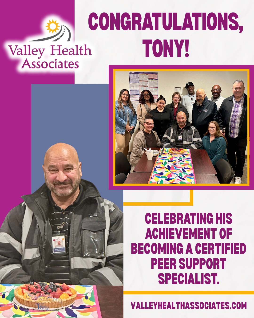 Congratulations, Tony! 🎉
Last week, staff celebrated Tony’s achievement of becoming a Certified Peer Support Specialist. We’re proud of your hard work and dedication to supporting others in our community! 💙
Learn more about our amazing staff on our website:
valleyhealthassociates.com
#ValleyHealthAssociates #VHA #Nonprofit #PeerSupport #Wellness