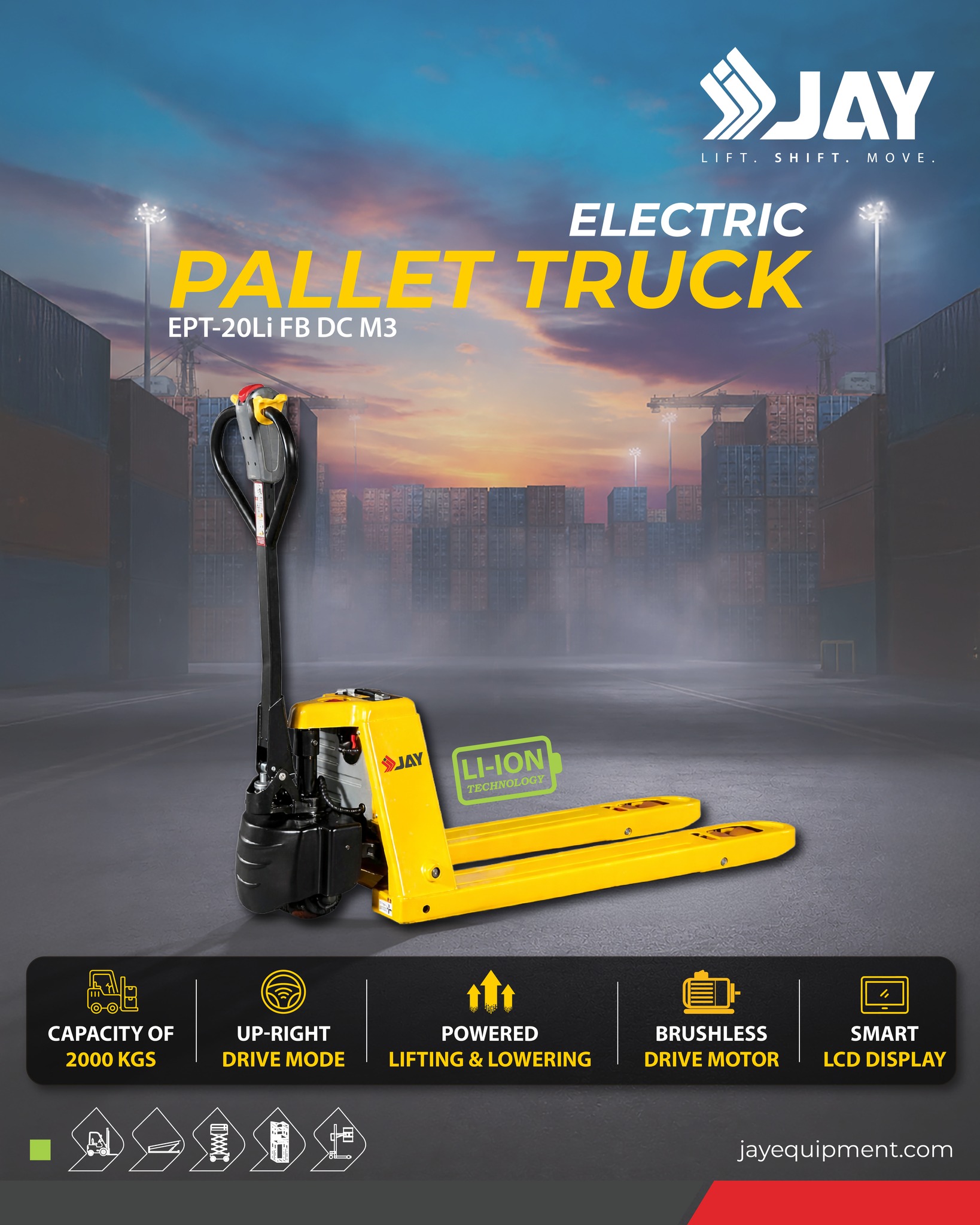 Power through warehouse operations with efficiency that moves your business forward. ⚡🚛
.
The JAY Electric Pallet Truck EPT-20Li FB DC M3 is built for smooth handling, powerful lifting, and dependable performance in demanding industrial environments. Featuring Li-Ion Technology, powered lifting & lowering, and a brushless drive motor — it’s designed to keep productivity at its peak.
.
✔️ Capacity: 2000 KGS
✔️ Smart LCD Display
✔️ Up-right Drive Mode
✔️ Smooth & Efficient Performance
.
Upgrade your material handling with smarter, faster, and more reliable solutions from JAY.
.
📩 DM us to learn more or request a quote
📞 Call: +91 95452 34222
📩 Email: sales@jayequipment.com
🌐 jayequipment.com | shop.jayequipment.com
.
#JayEquipment #ElectricPalletTruck #MaterialHandling #IndustrialEquipment #PalletTruck