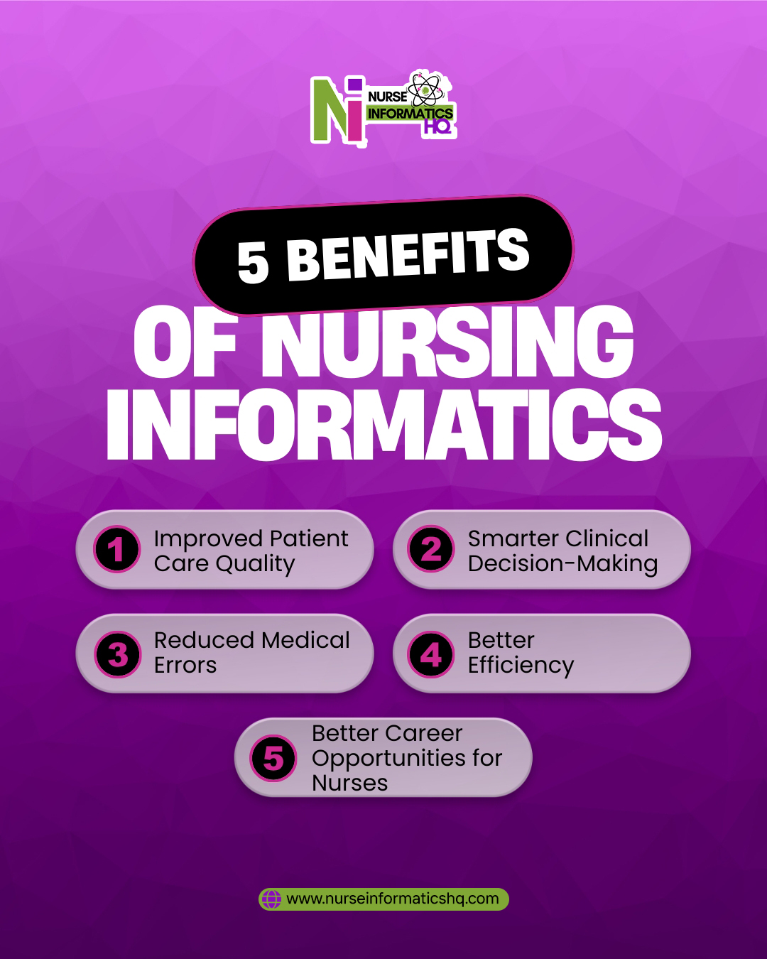 🏥 5 Benefits of Nursing Informatics 💻
Technology and healthcare are working together to improve patient outcomes like never before.
Nursing informatics helps bridge the gap between patient care and digital healthcare systems by improving efficiency, accuracy, and communication.
✨ Key Benefits:
✔ Improved patient care quality
✔ Reduced medical errors
✔ Smarter clinical decision-making
✔ Better healthcare efficiency
✔ Greater career opportunities for nurses
As healthcare continues to evolve, nursing informatics is becoming an essential part of modern medical care.
Discover how nurses are shaping the future of healthcare technology.
🌐 www.nurseinformaticshq.com
#NursingInformatics #HealthcareTechnology #NursingCareers #DigitalHealth #HealthIT #PatientCare #MedicalTechnology #NurseLeadership #HealthcareInnovation #ElectronicHealthRecords #NursingProfession #FutureOfHealthcare #CareerGrowth #NurseInformaticist #NurseInformaticsHQ