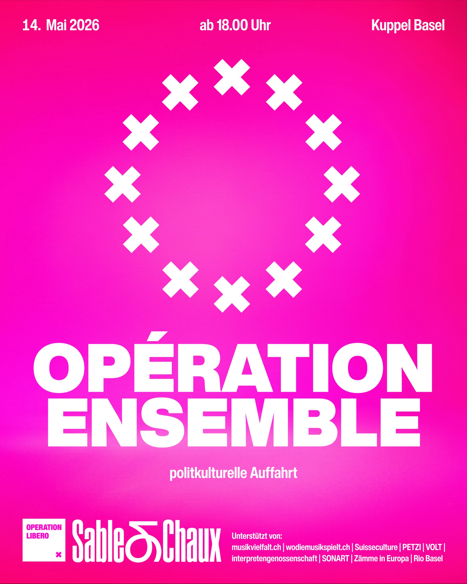 «Ensemble» für eine offene und vielfältige Schweiz. Komm vorbei und fahr mit uns die Bewegung gegen die «Nachhaltigkeitsinitiative» und für eine offene Schweiz auf. Genau, es ist Auffahrt. Am Donnerstag, 14. Mai treffen wir uns vor der Kuppel Basel, zu einem polit-kulturellen Vorabend, begleitet von viel Musik für viel Bewegung.
@operationlibero @musikvielfalt_initiative @suisseculture @sonart.musikschaffende