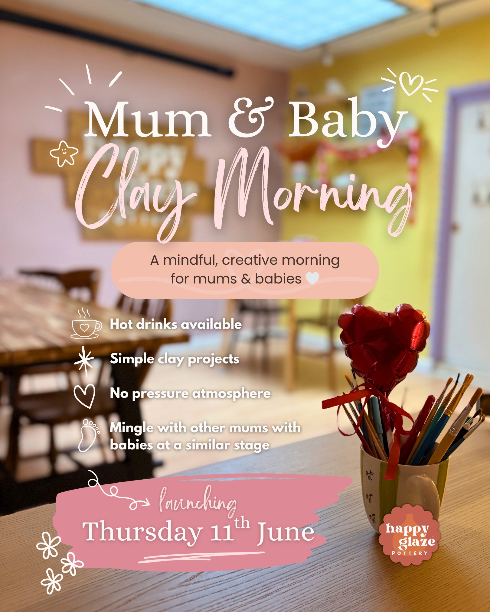☕🤍 Introducing Mum & Baby Clay Morning
A brand new fortnightly term-time session at Happy Glaze for mums, dads & carers with babies ✨
Think cosy creative mornings, hot drinks, simple clay projects and a completely relaxed atmosphere where feeds, naps, cuddles and crying babies are all part of it 🤍
This is designed to be a gentle little pause in the week - somewhere for you to create your own handmade clay piece, slow down for a couple of hours and meet other local parents with babies at a similar stage 🥰
No clay experience needed at all. Just come as you are.
✨ Launching Thursday 11th June
☕ Hot drinks available
🤍 Fortnightly term-time sessions
🎨 Beginner friendly
Perfect for maternity leave, new mums or anyone wanting a calm morning out with their little one 💕
Booking now open via our website ✨ https://www.happyglazepottery.co.uk/events/mum-baby-clay-morning-2026-06-11-10-30
#mumandbaby #maternityleave #tiverton #potterypainting #clayworkshop