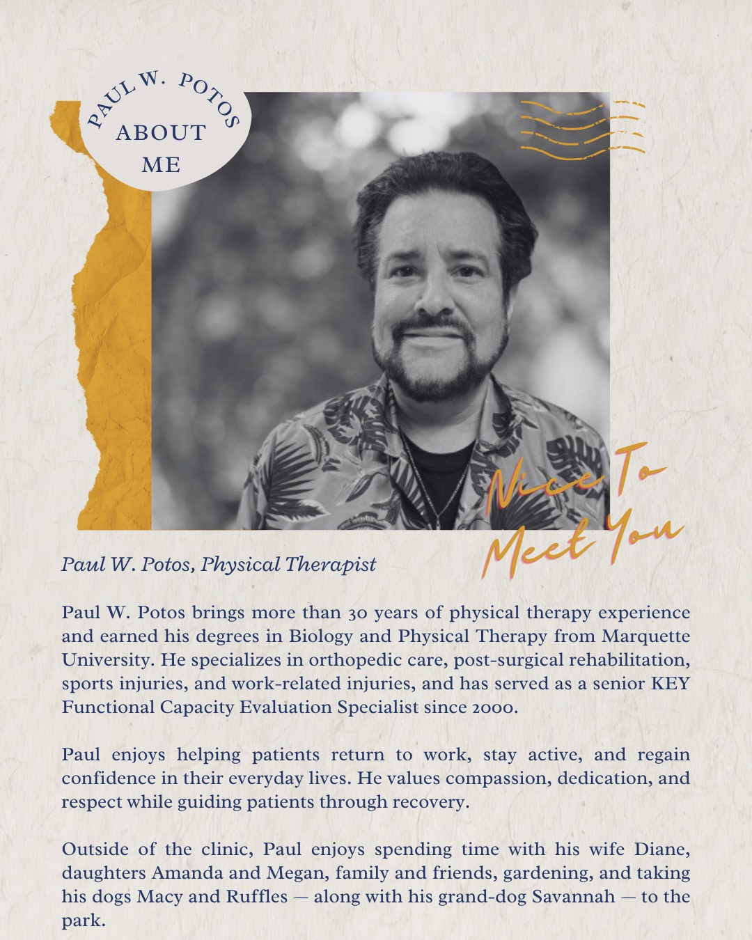 WELCOME TO THE KEYSTONE TEAM, PAUL! 💙
We’re excited to introduce Paul W. Potos to Keystone Physical Therapy! With more than 30 years of experience in physical therapy, Paul brings extensive knowledge in orthopedic care, post-surgical rehabilitation, sports injuries, and work-related injuries. He is passionate about helping patients move better, feel stronger, and return to the activities that matter most to them.
Paul’s compassionate approach and dedication to patient care make him a wonderful addition to our team, and we’re excited for our patients to get to know him!
#KeystonePhysicalTherapy #PhysicalTherapy #PhysicalTherapist #PT #ManualTherapy #OrthopedicRehab #SportsRehab #PostSurgicalRehab #WorkInjuryRecovery #PainRelief #MoveBetter #FeelBetter #RecoveryJourney #HealthyLifestyle #WisconsinPT #Pewaukee #PhysicalTherapyClinic #InjuryRecovery #MobilityMatters #Rehabilitation #StayActive #WellnessJourney #PatientCare #SportsInjury #FunctionalMovement #HealthAndWellness #TherapyWorks #PTLife #MeetTheTeam #KeystoneTeam
