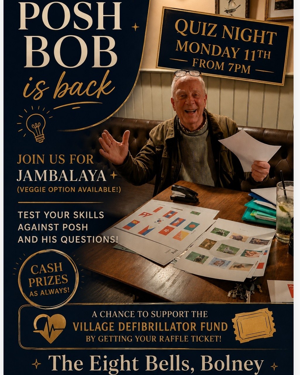 Posh is back this Monday, to test you all with his quizzing knowledge!
£5 per team member, £15 including Jambalaya (vegetarian option available) all money goes back into the prize pot.
Please do book in advance, walk in to secure your spot or give us a call on 01444 657888.