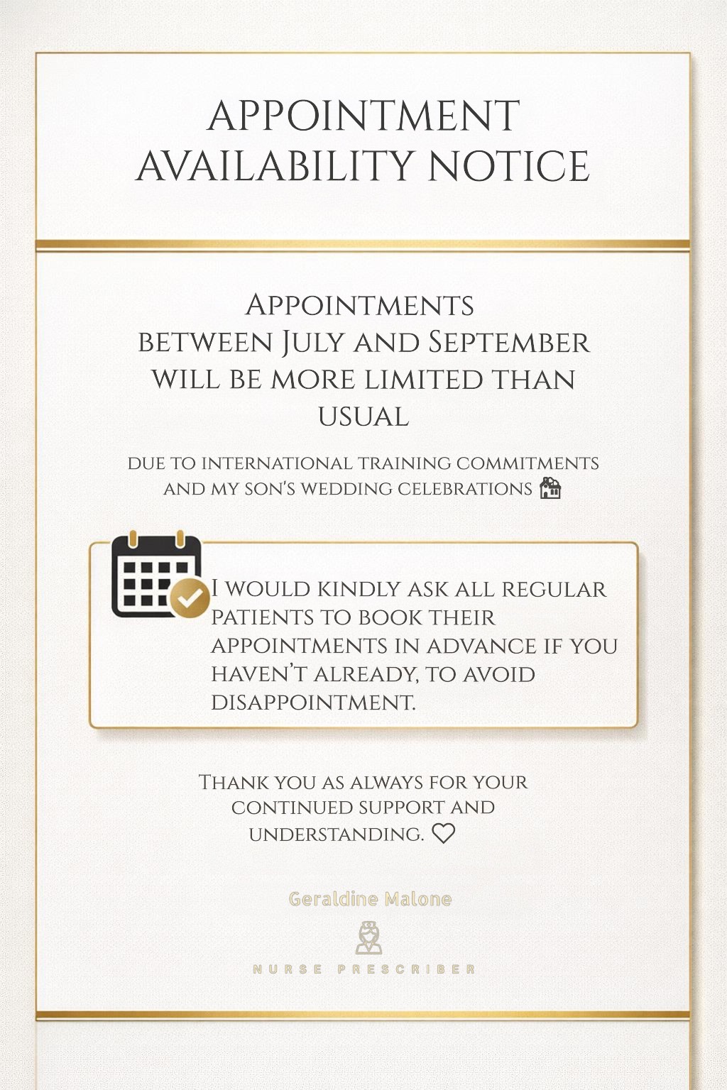 APPOINTMENT AVAILABILITY NOTICE: July - September
📅 Book now:
www.geraldinemalone.co.uk
📞 024 7792 1812
📧 geraldinemaloneaesthetics@outlook.com
