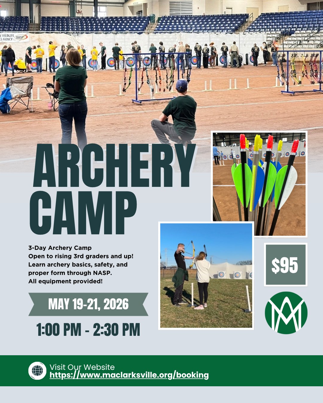 Interested in archery? Join us for our 3-Day Archery Camp!
Open to rising 3rd graders and up, this camp introduces young archers to the fundamentals of the National Archery in the Schools Program (NASP). Students will learn proper form, safety procedures, and shooting techniques in a fun and encouraging environment.
All equipment is provided by Montgomery Academy — just bring a willingness to learn! This is a great opportunity for students to gain hands-on experience and discover whether archery is a sport they’d love to pursue. Register through link in bio!
