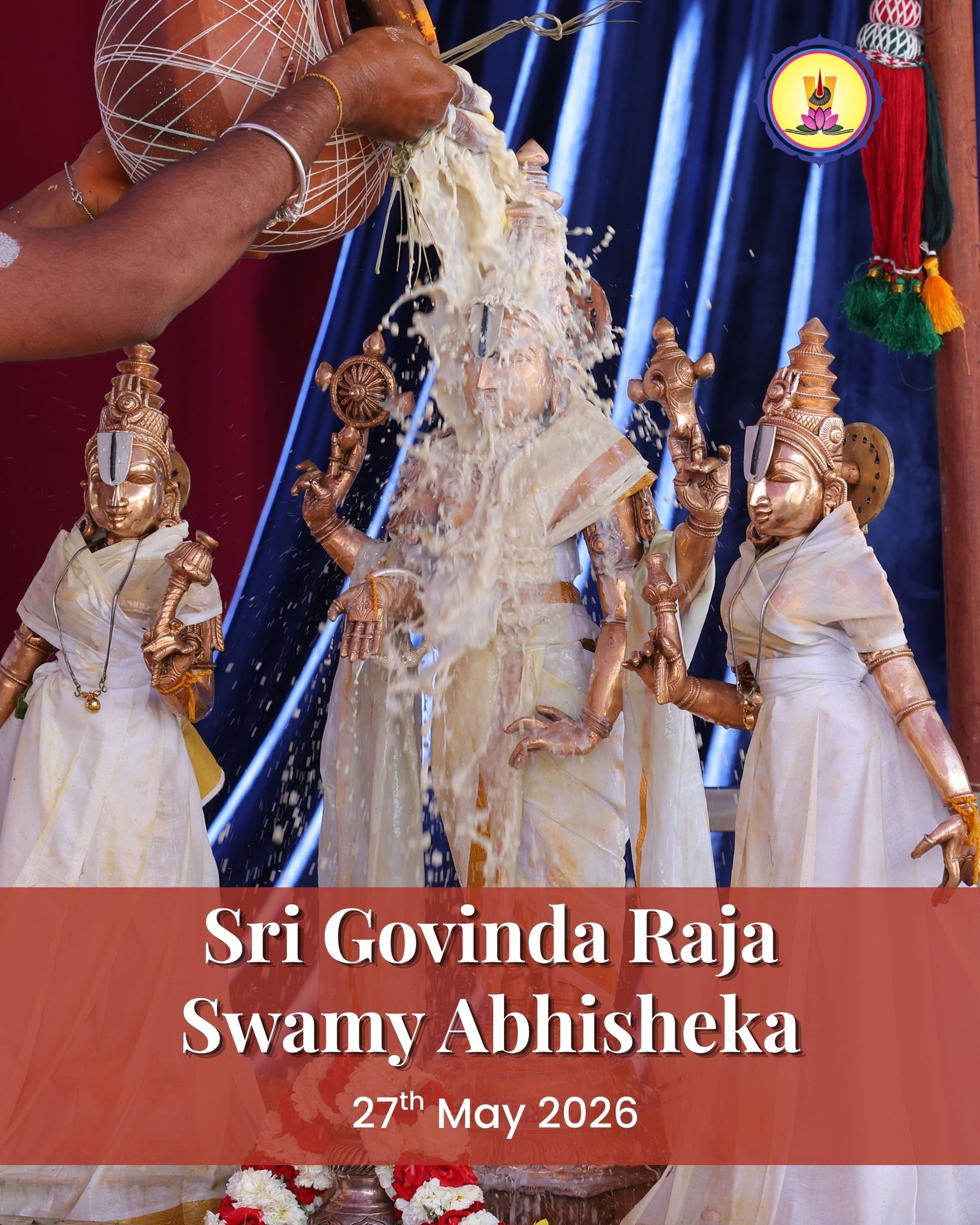 On May 27th, join us for the sacred Sri Govinda Raja Swamy Abhisheka at Sri Srinivasa Saligrama Devasthanam. This divine ritual honors Lord Govinda Raja Swamy, an exalted incarnation of Lord Vishnu, through offerings of pure devotion and reverence.
As we come together in this auspicious celebration, the Abhisheka purifies our hearts and minds, invoking the blessings of eternal peace, abundant prosperity, and spiritual elevation. It is a sacred moment to deepen our connection with the divine, basking in the radiance of Lord Vishnu’s boundless grace.
To participate, please visit https://www.saligrama.org/product-page/sri-govindaraja-abhisheka
#SriSrinivasaSaligramaDevasthanam