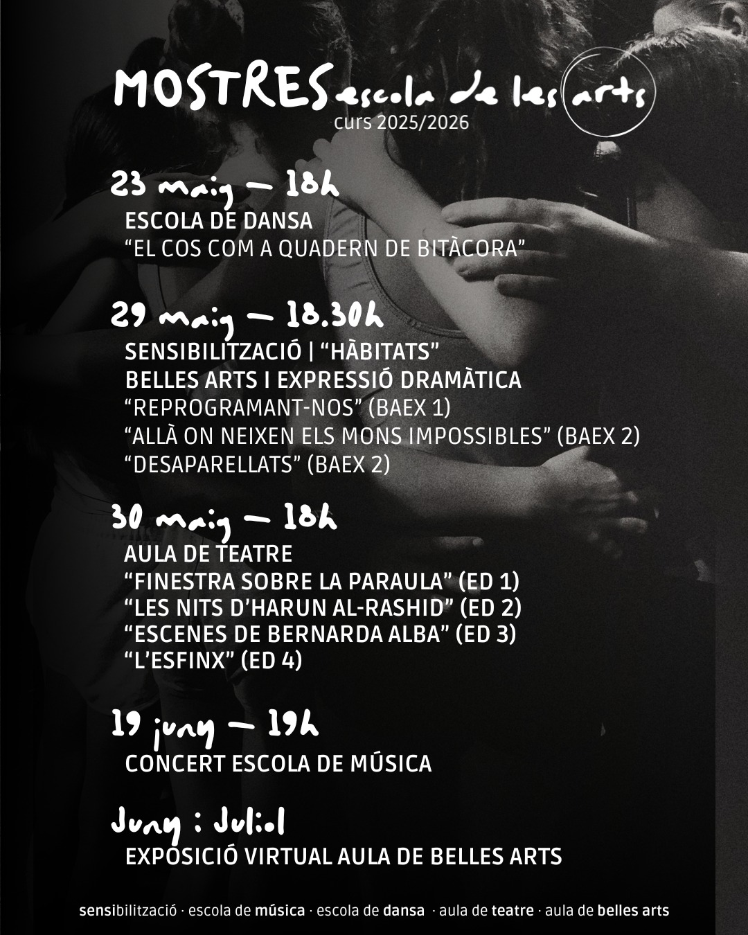 Les mostres de final de curs són l’essència del treball de tot un curs. ✨
Tot allò que s’ha treballat en l’àmbit tècnic de cada llenguatge artístic, però també tot allò que com a persones hem après gràcies al fet artístic: sentit crític, complicitat, cura de l’entorn i de mi mateix.
A través de l’art ens coneixem i reconeixem com a part de la comunitat que cuidem. 🌱
🎟Entrada lliure a la pàgina web: www.teatreclave.cat