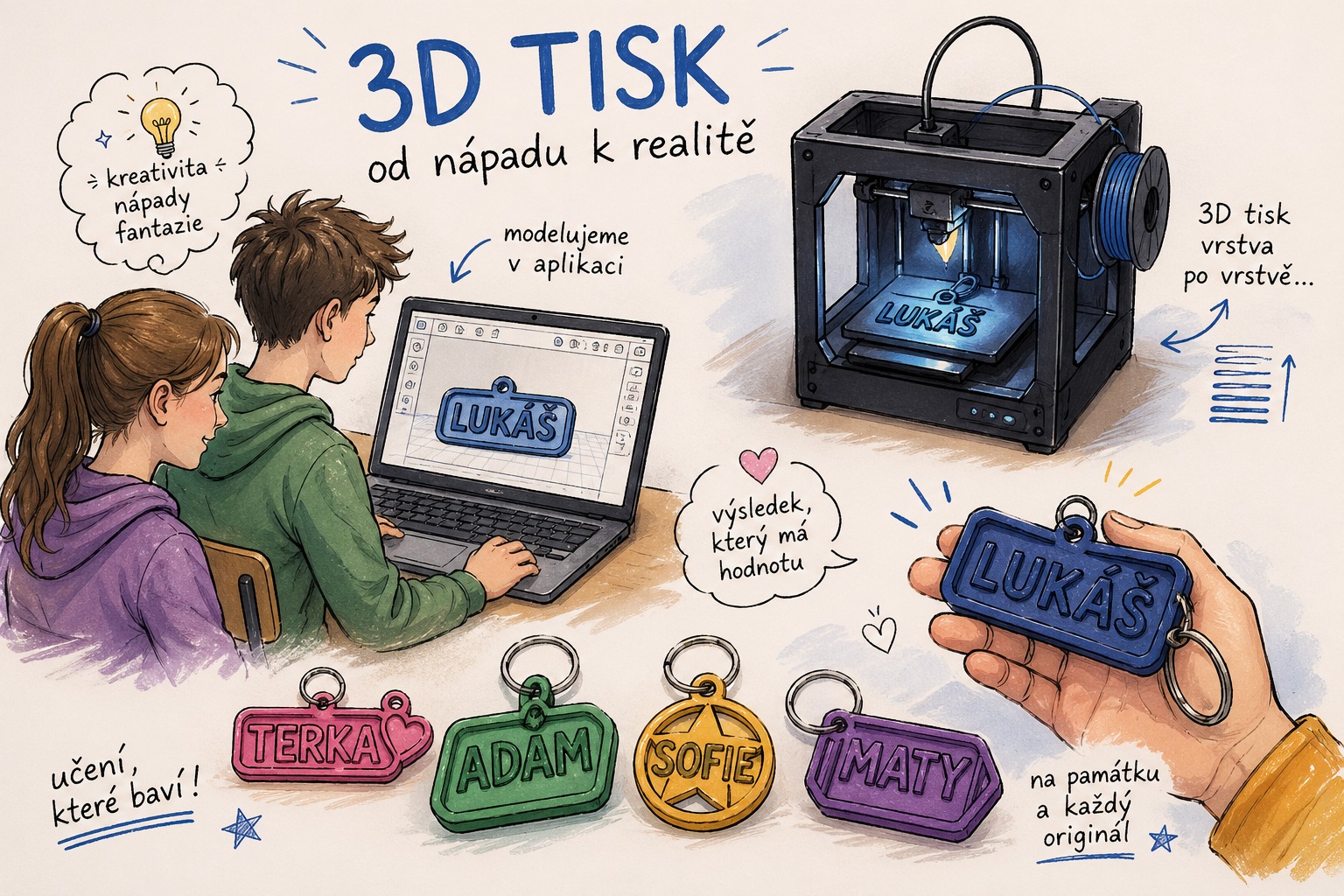 3D tisk ve škole: když se nápad promění ve skutečnost
Na naší škole se v posledních týdnech děly věci, které by ještě před pár lety zněly skoro jako sci-fi. Žáci šestých a osmých ročníků si totiž vyzkoušeli práci s 3D tiskem – a ne jen jako pozorovatelé, ale jako skuteční tvůrci.
V rámci výuky se pustili do modelování vlastních přívěšků na klíče. Pomocí jednoduché aplikace si každý navrhl svůj originální „výrobek“ – nejčastěji známku se svým jménem, kterou si upravil podle vlastní fantazie. Někdo zvolil minimalistický styl, jiný přidal různé tvary, rámečky nebo zajímavé detaily. Každý návrh byl jedinečný, stejně jako jeho autor.
Celý proces ale nebyl jen o klikání v programu. Žáci zapojili kreativní myšlení, představivost i trpělivost. Museli přemýšlet nad tím, jak bude jejich návrh vypadat ve skutečnosti, co je technicky možné a jak jednotlivé prvky poskládat, aby výsledek dával smysl.
To nejzajímavější přišlo ve chvíli, kdy se digitální návrhy začaly měnit v reálné objekty. 3D tiskárna postupně vrstvila materiál a před očima žáků vznikaly jejich vlastní výrobky. Pro mnohé to byl první kontakt s moderní technologií, která se dnes využívá v průmyslu, medicíně i designu.
A výsledek? Každý si odnesl nejen novou zkušenost, ale také vlastní vytištěný přívěšek na klíče jako památku na tuto aktivitu. Malý předmět, který ale skrývá velkou dávku nápadů, práce a radosti z tvoření.
Tato aktivita ukázala, že učení nemusí být jen o učebnicích. Když se spojí technologie, kreativita a chuť objevovat nové věci, vznikají zážitky, na které se jen tak nezapomíná.
Mgr. Petr Lišťák