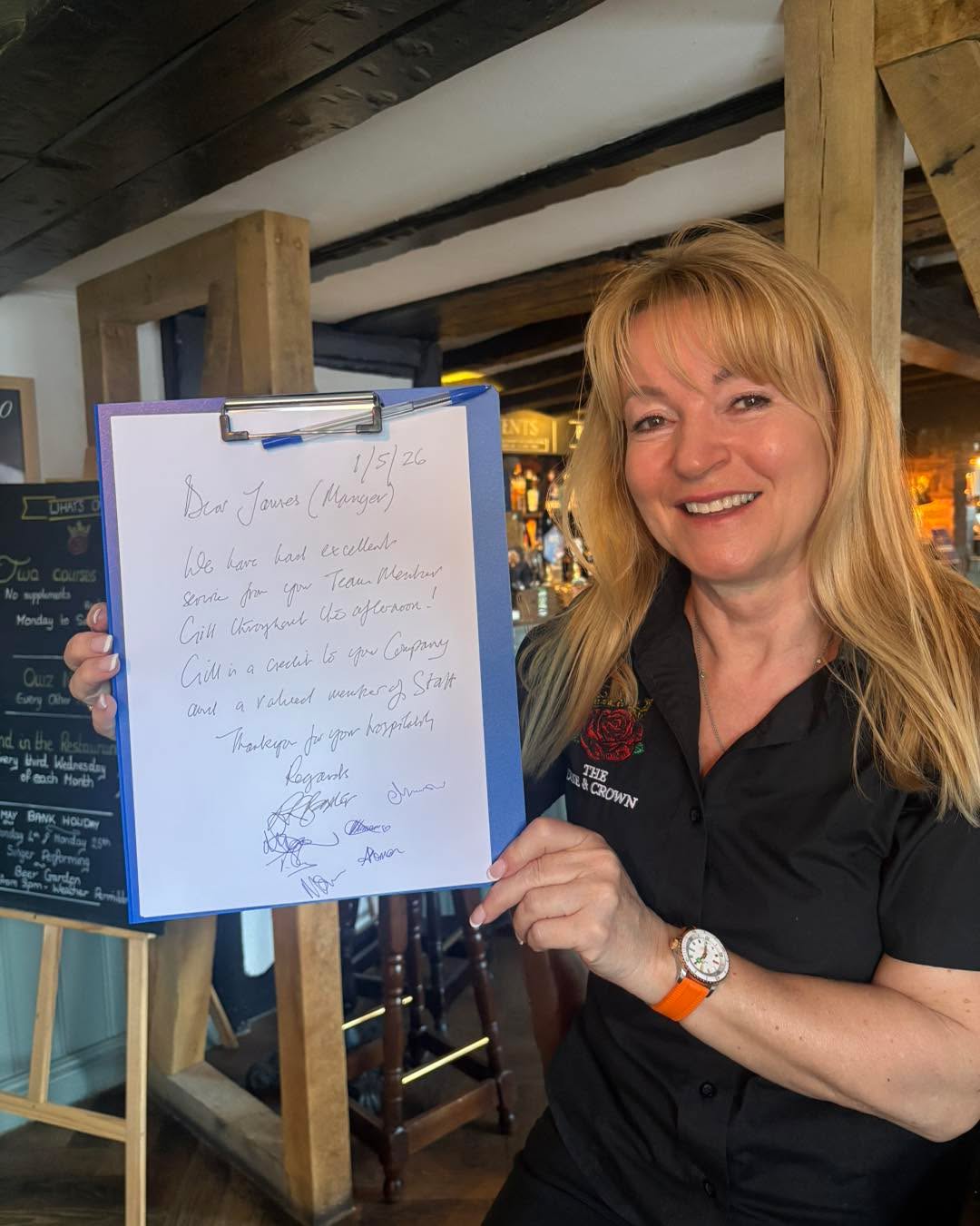 👏 A huge well done to our Gill! ❤️
There’s nothing better than receiving kind words from our customers, and this beautiful handwritten note truly made our day 🥰
Gill was personally thanked for her excellent service and hospitality – and we couldn’t agree more! She’s a valued part of The Rose & Crown family and always goes above and beyond to make everyone feel welcome 🍻
Thank you to our wonderful customers for taking the time to share such lovely feedback – it really means the world to us 💐
Well done, Gill – we’re very lucky to have you! 👏❤️
#RoseAndCrownBrentwood #TeamRoseAndCrown #WellDoneGill #CustomerLove #PubFamily #Brentwood #GreatService #SupportLocal #CommunityPub #HospitalityMatter