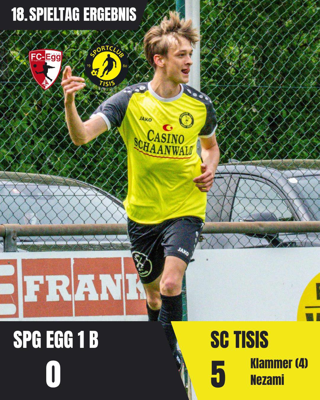 🖤AUSWÄRTSSIEG IN EGG💛
Der SC Tisis zeigt eine starke Leistung und gewinnt klar mit 0:5 in Egg! 💪🖤💛
Von der ersten Minute an konzentriert, kämpferisch und effizient vor dem Tor – starke Teamleistung und verdienter Sieg! 👏
Danke an alle Fans für die Unterstützung auswärts! 💛🖤
#SCTisis #Auswärtssieg #TeamSpirit #0zu5 #ForzaS