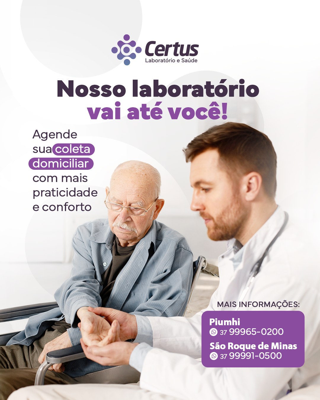 Os exames também podem ser feitos no conforto da sua casa! 🏡💙
A coleta domiciliar é uma opção pensada para quem busca mais praticidade, segurança e comodidade no dia a dia, especialmente para:
famílias
idosos
pessoas com dificuldade de locomoção
quem possui rotina corrida
Nossa equipe realiza o atendimento seguindo protocolos de qualidade e higiene, levando até você a mesma confiança e segurança do laboratório.
Agende sua coleta domiciliar!
Certus Laboratório e Saúde
📍 Piumhi (Centro)
Praça Guia Lopes, nº 54, Anexo à Santa Casa
📞Telefone: (37) 3371-9511
📱WhatsApp: (37) 99965-0200
📍 São Roque de Minas
Rua Francisco Alves Oliveira, 230, Centro
📱📞Telefone/WhatsApp: (37) 99991-0500
Site: www.certuslaboratorio.com.br
🕐 Horário de funcionamento:
Piumhi:
Segunda a sexta: das 6h30 às 19h
Sábado e feriados: das 7h às 19h
Domingo: das 7h às 13h
São Roque de Minas:
Segunda a sexta: das 6h30 às 17h30
Sábado: das 7h as 11h