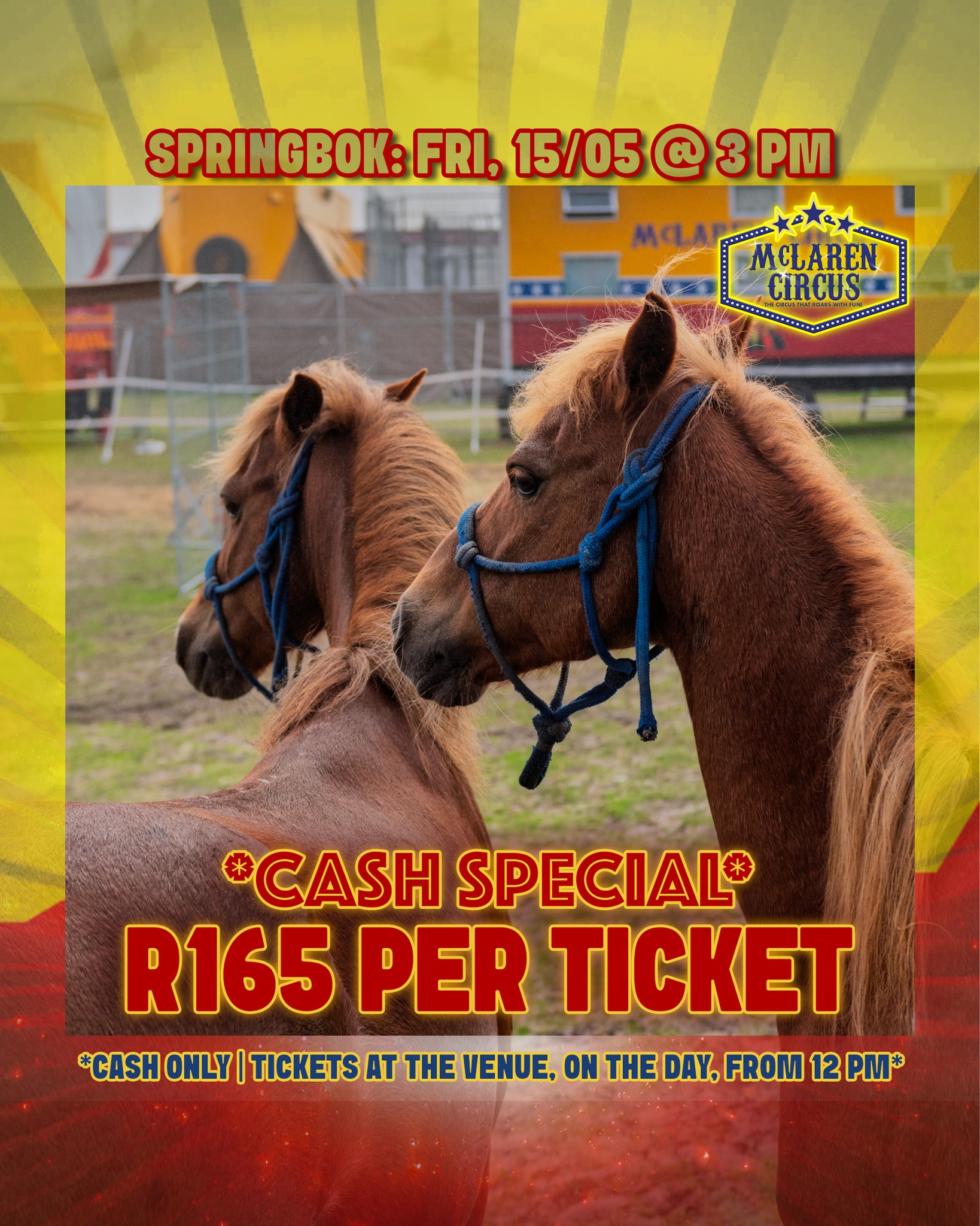 🤹♂️CASH SPECIAL: Any seat, only R165 each! 🎟️✨
🎪 Step right up to the greatest show in #Africa!
Only valid:
📅 Fri, 15 May 2026 @ 3 PM - #SPRINGBOK
🎟️ Hurry, these seats are unreserved and sell fast!
Tickets are CASH ONLY and are only available, at our ticket office, from 12 PM on the show day.