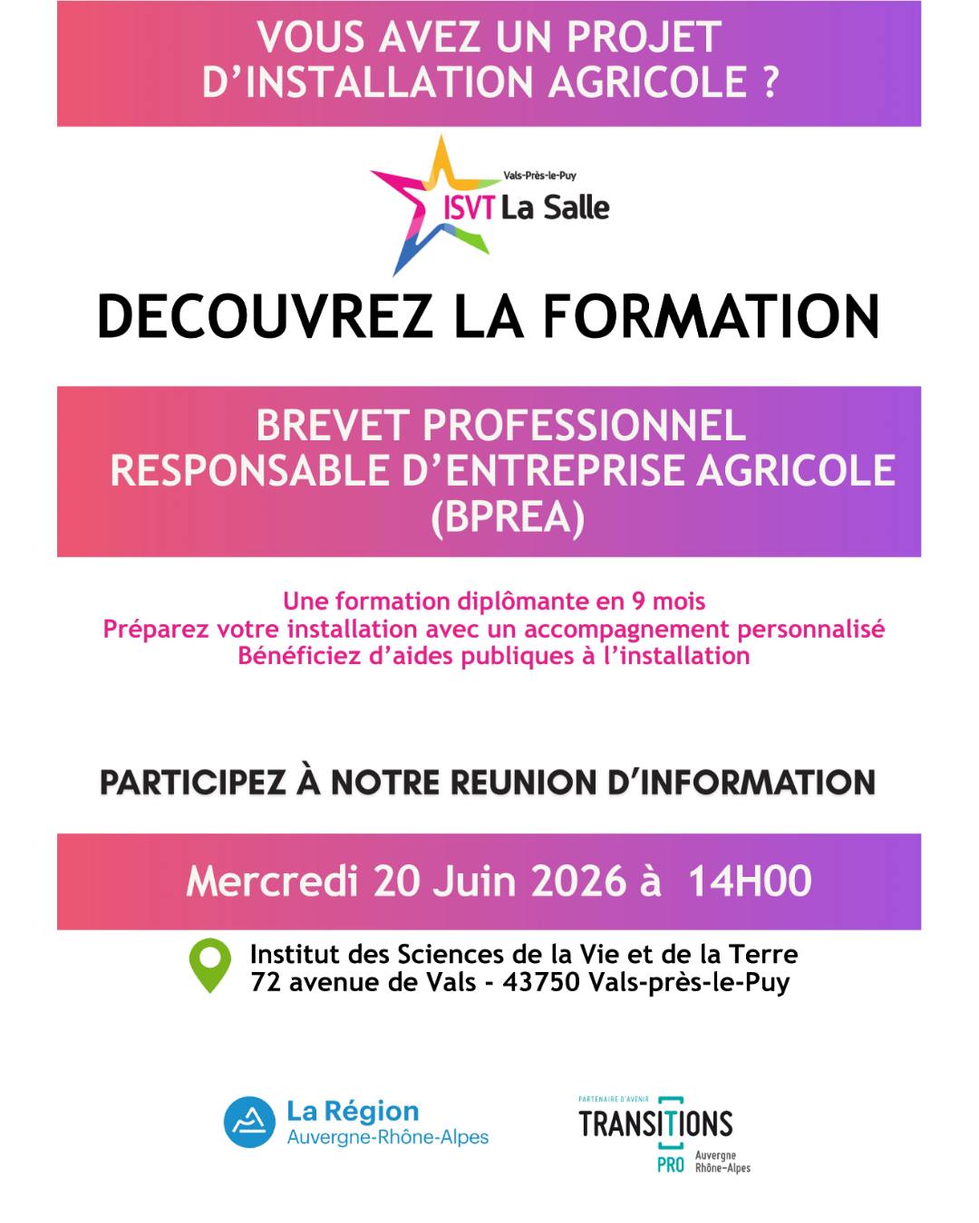 Nous vous informons que l’ISVT organise une information collective sur le BPREA le mercredi 20 Mai 2026 à 14h00