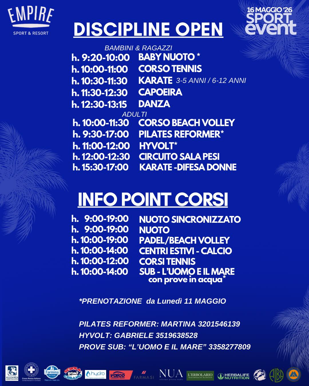 🔵🔵Planning Discipline Open🔵🔵
🔵SPORT EVENT – 5ª EDIZIONE🔵
Siamo tornati… e quest’anno ancora più grandi!
📅 16 MAGGIO 2026
📍 Empire Sport & Resort
Una giornata TOTALMENTE GRATUITA dedicata a sport, benessere e divertimento per tutti 💥
👇 Tagga chi porterai con te
📩 Scrivici per info
#SportEvent #EmpireSport #EventoGratuito #FitnessDay #OpenDay #RomaEventi #SportPerTutti