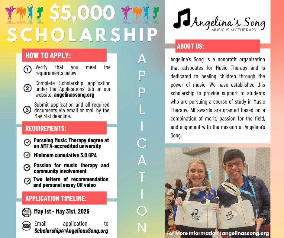 ⏰ Time is running out to apply for our Angelina’s Song Scholarship! Applications close May 31st, so don’t wait to submit yours.
Students starting or returning to college this fall with a cumulative GPA of 3.0 or higher who are attending an AMTA-accredited university for a Music Therapy degree are eligible to apply.
Visit our website for full details, and make sure your completed application and all required documents are emailed to Scholarship@AngelinasSong.org before the deadline!