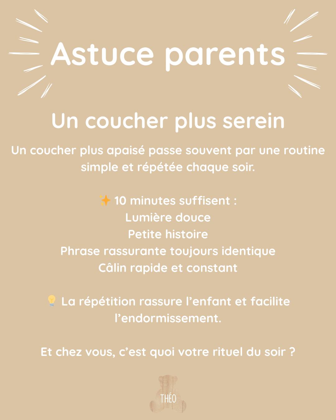 🌙 Un coucher plus apaisé 🌙
Un coucher plus serein passe souvent par une routine simple, répétée chaque soir.
✨ 10 minutes suffisent :
Lumière douce
Petite histoire 📖
Phrase rassurante toujours identique
Câlin rapide et constant
💡 La répétition aide l’enfant à se repérer, à se rassurer et facilite naturellement l’endormissement.
Et chez vous, c’est quoi votre rituel du soir ? Partagez vos astuces en commentaire ! 🌿
#MeublesDurables #mobilierdurable #BébéConfort #theobebe #ChambreBébé #DécoNaturelle #chambreBebe #litevolutif #chambrebebe #BienEtreBebe #TheoBebe
