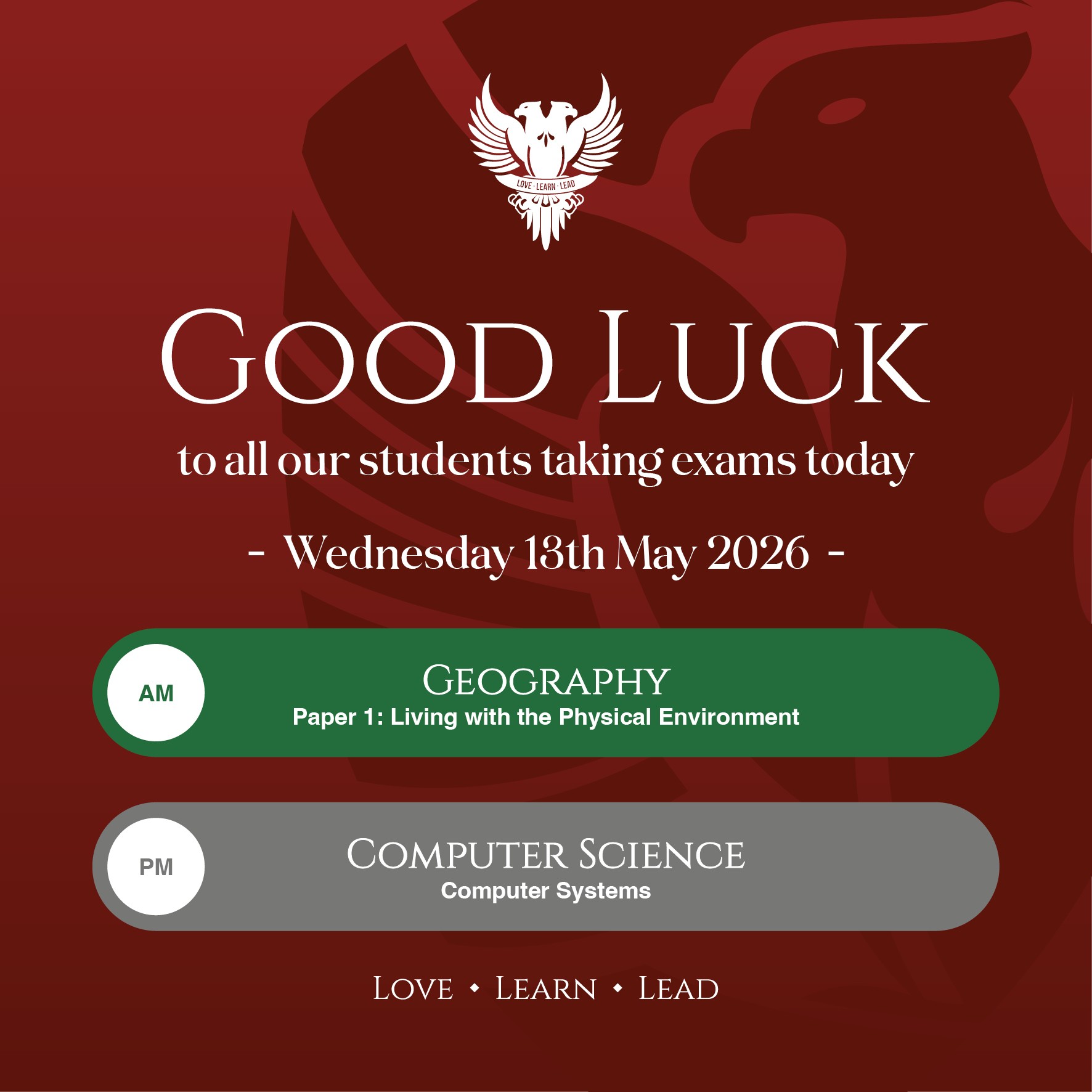 Good luck for your exams today Year 11!
Geography and Computer Science today!
#lovelearnlead #putstambrose1st #geography #computerscience