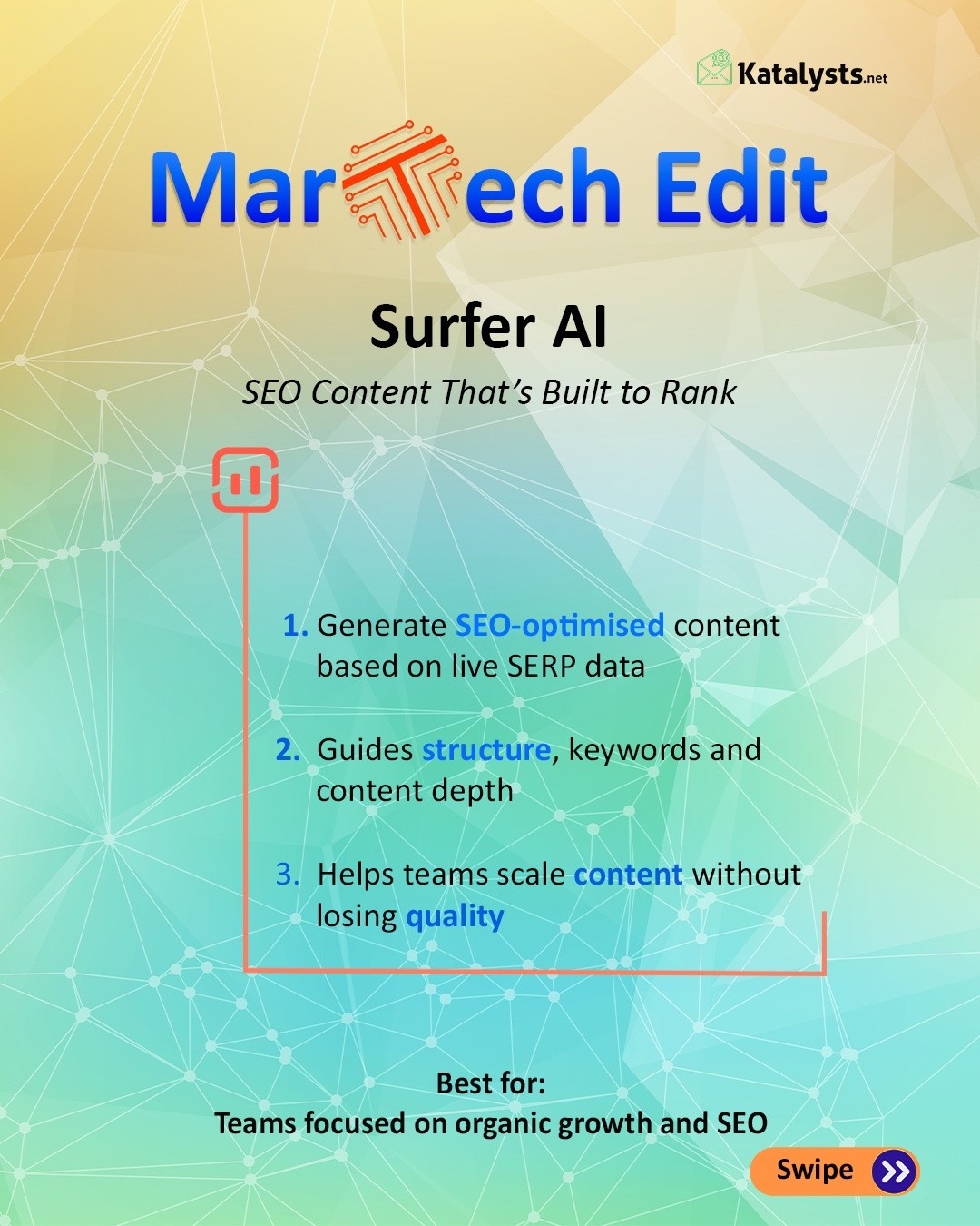 Good content doesn’t just rank. It drives business outcomes.
Tools like Surfer AI are changing how teams approach SEO content strategy combining live SERP insights, structure guidance and optimisation into one workflow.
At Katalysts, we help brands turn AI-powered content into measurable growth.
#seo #contentmarketing #AI #leadership #technology #digitalmarketing #katalystsdigital