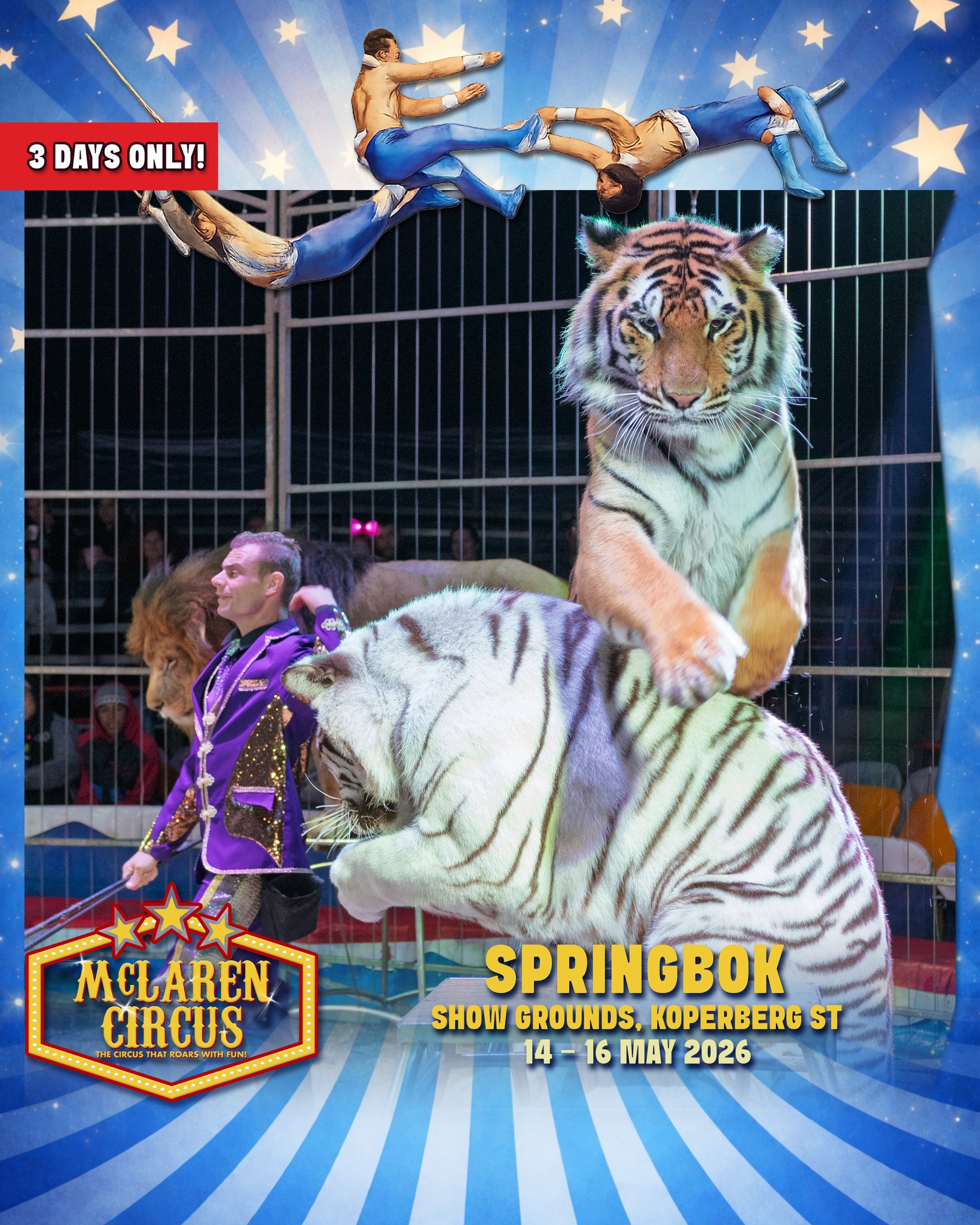 🎪✨ #SPRINGBOK, it's your opportunity to experience the magic of the circus!
Experience an unforgettable International Circus Spectacular, packed with thrilling action, breathtaking performances, and timeless circus magic for the whole family.
🗓️ SHOW TIMES:
• Thu, 14 May @ 7 PM
• Fri, 15 May @ *3 PM* (All seats R165 | Unreserved seating | Cash Only at Ticket Office | Sales on the day only) & 7 PM
• Sat, 16 May @ 2 PM & 5 PM
🎟️ Ticket Prices:
Back Chairs R175 | Side Chairs R195 | Raised Chairs R225 | Silver Ringside R250 | Gold Ringside R295
🎪 Ticket Office opens daily at 12 PM on show days
www.mclarencircus.co.za | WHATSAPP: http://wa.me/message/BGE2GJWJ5DLDC1