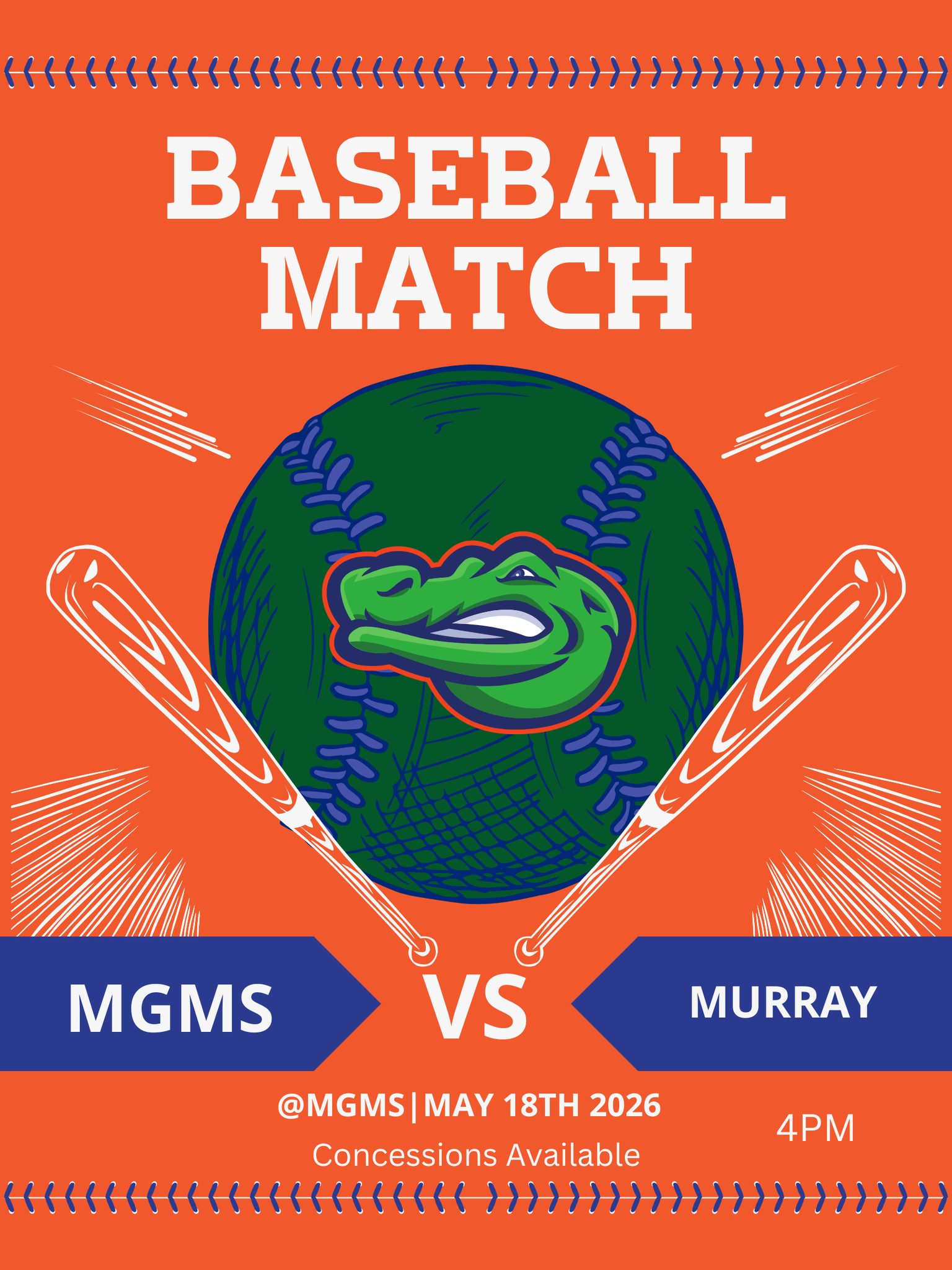 Come out tomorrow afternoon to cheer on our players as they compete against Murray for the final game of the season. Go Gators!