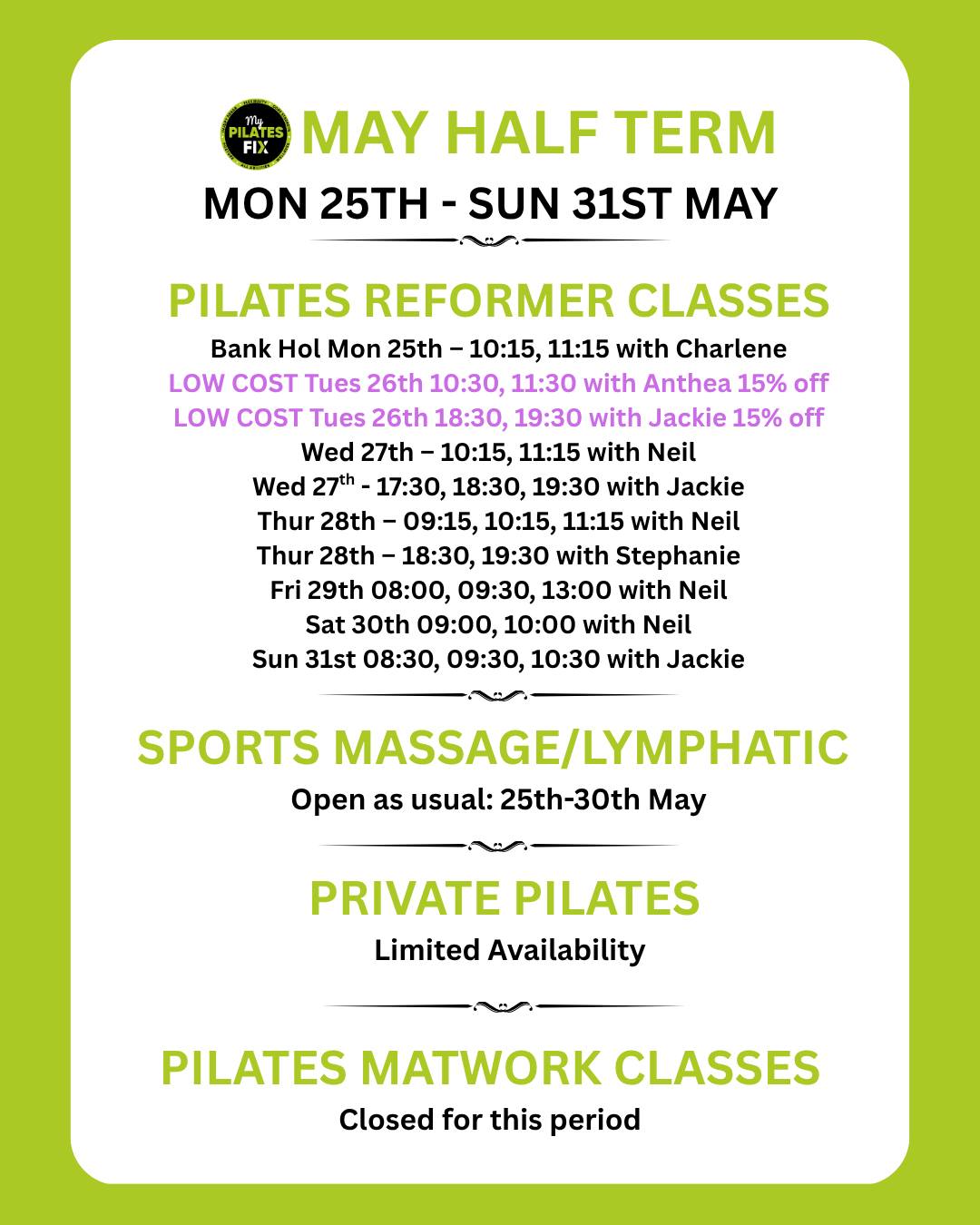From Monday 25th until Sunday 31st May we are operating a skeleton schedule for Half Term. Book via our website or link in bio.
#pilatesmatworkstudio #pilatesbeginner #reformerpilatesstudio #beginnerreformer #softtissuetherapy #sportsmassagetherapy