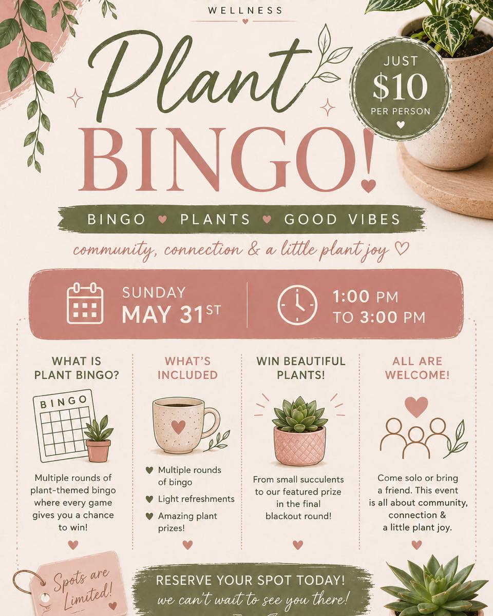 🌿PLANT BINGO CHECK 🌿
Before Plant Bingo… we need to know 👀💗
Which plant are you MOST likely to bring home?
🪴 Succulents
🌿 Hanging plants
🍃 Big leafy statement plants
🌸 Something cute & colorful
🤷♀️ I just want ALL the plants
Drop your answer below ⬇️
📍Plant Bingo at Holistic Rose Wellness
🗓 Sunday, May 31st
⏰ 1–3 PM
💸 $10 to play
Good vibes, light refreshments, plant prizes, and the cutest little community afternoon 🌱
Tag your plant-loving bestie to come with you 🤍
Reserve your spot here! 🤩
https://docs.google.com/forms/d/e/1FAIpQLScNTzgCcCdCMLFSXO5PjzYys4Z4G0Y_4QFA3xdjqiviiL_5Zw/viewform?usp=send_form